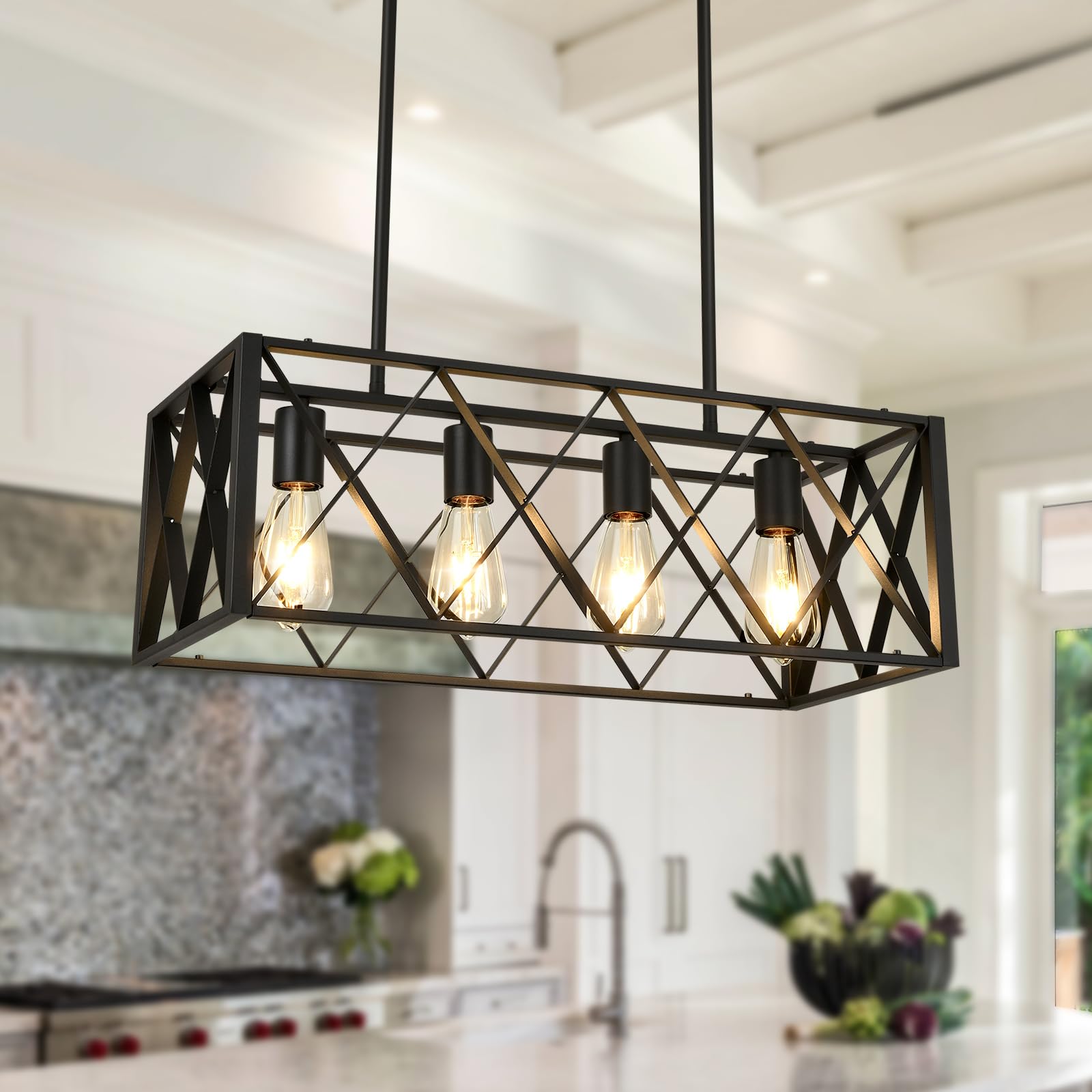 Black Farmhouse Chandelier - 4-Light Metal Industrial Linear Pendant Lighting for Kitchen Island, Dining Room & Living Room | Rustic Home Decor for Modern Farmhouse, Industrial Loft & Open Concept Spaces