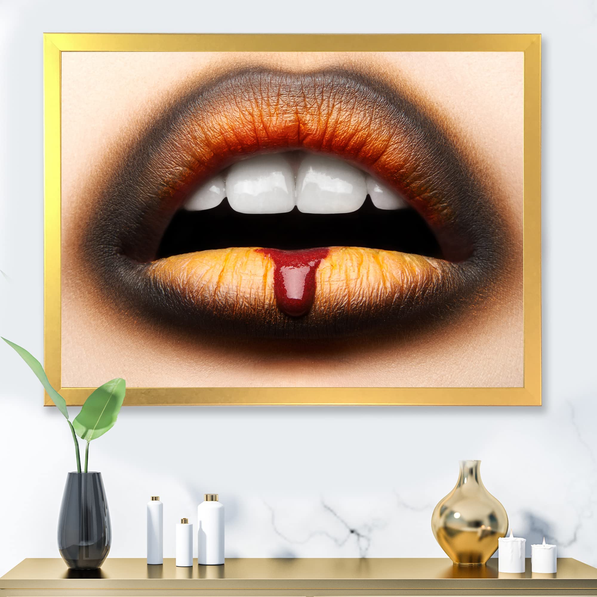 DesignQ Modern Framed Wall Art - Black & Orange Lipstick Female Lips Painting - Perfect for Living Room, Bedroom, Office Decor