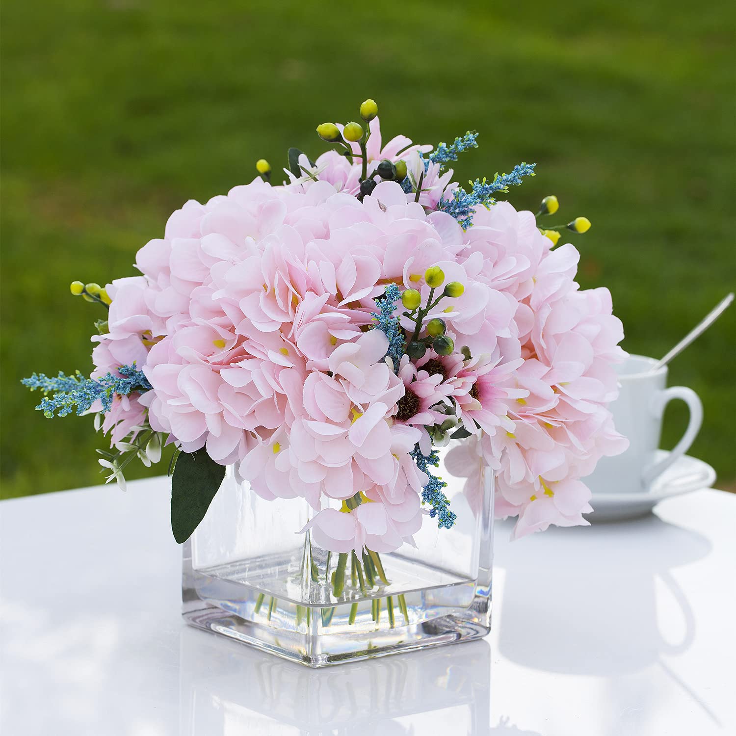 Enova Floral Mixed Artificial Silk Hydrangea Fake Flowers Arrangement in Cube Glass Vase with Faux Water - Pink Home Office Wedding Decor for Table Centerpieces, Party Decorations & Gift Ideas