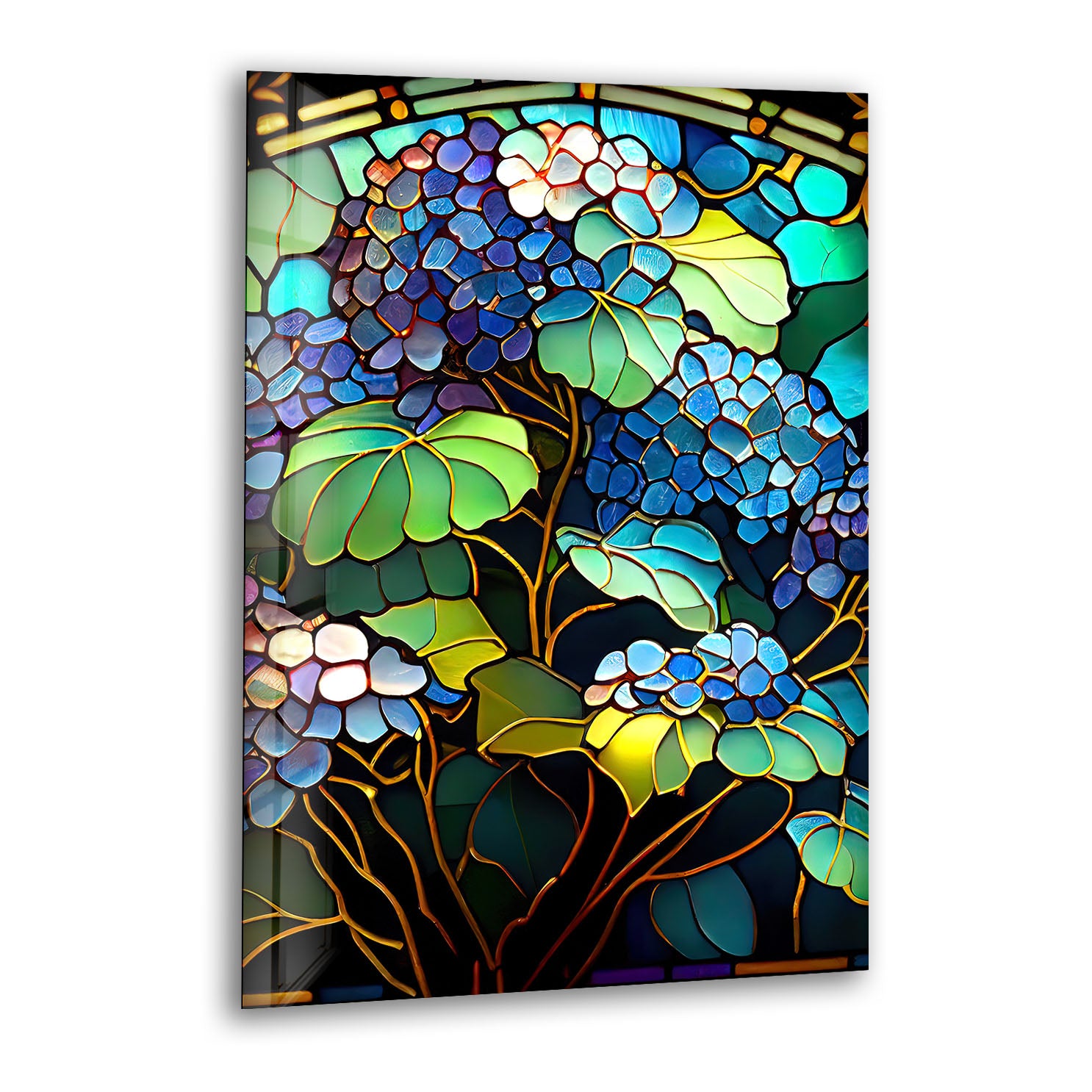 Blue Hydrangea Stained Glass Wall Art - Vertical Floral Glass Print for Home Decor, Church, Wedding & Office | Handmade Glass Painting Gift for Women