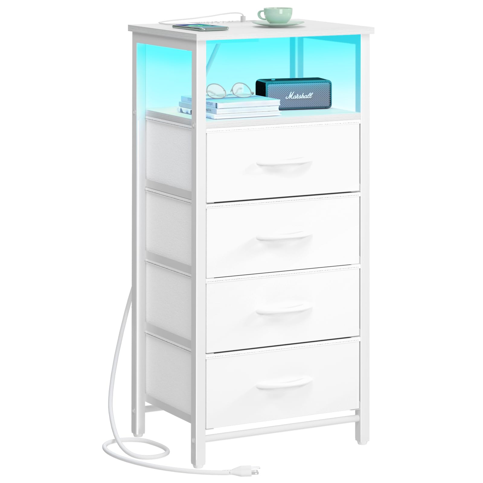 Yoobure LED Night Stand with Charging Station - White Bedside Table with 4 Storage Drawers, Shelf, USB Ports & Outlets - Tall Dresser for Bedroom - Perfect for Small Spaces, Apartment Living & Modern Home Decor