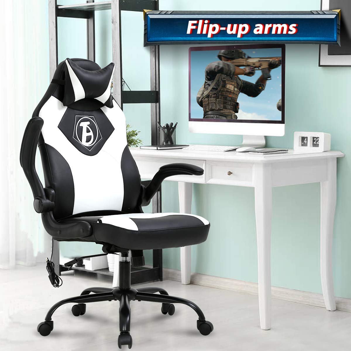 Ergonomic High Back Gaming Chair - PU Leather Office Desk Chair with Lumbar Support, Flip-Up Armrest & Headrest - Executive Computer Chair for Home, Study & Back Pain Relief (White) - Perfect for Long Work Hours, Gaming & Home Office Use