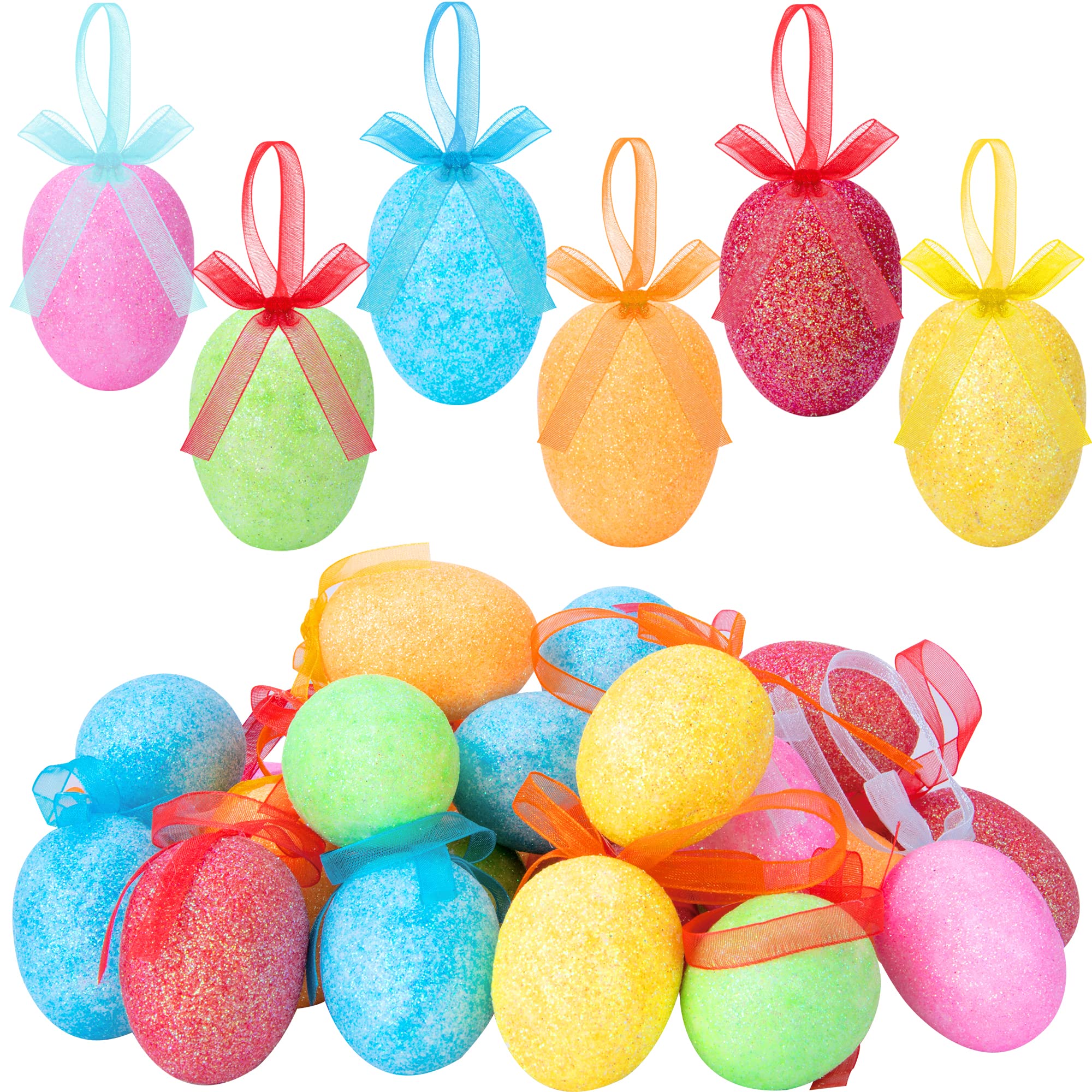 30 PCS Easter Glitter Hanging Eggs - 2x1.4 Inch Colorful Foam Easter Decorations - Shiny Easter Egg Ornaments for Spring Party, Home, Garden & Easter Tree Decor