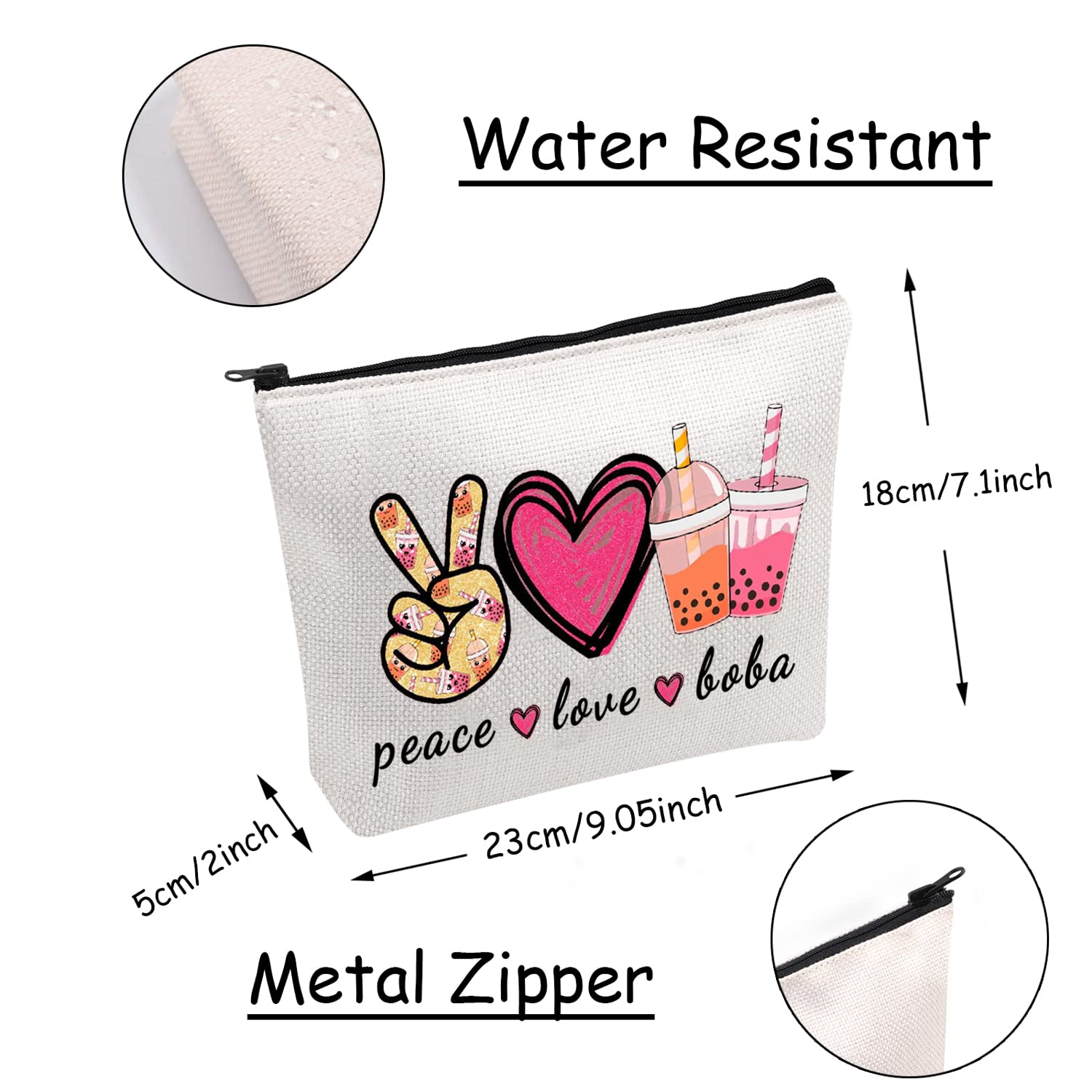 JXGZSO Peace Love Boba Cosmetic Bag - Cute Makeup Pouch with Zipper for Boba Tea Lovers - Perfect for Travel, School & Gift Giving