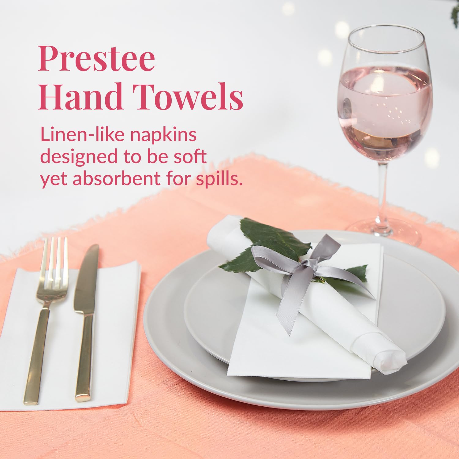 Prestee 200 Count Premium Disposable Paper Hand Towels - Soft Linen-Like White Guest Towels for Weddings, Parties, Dinners & Events | Eco-Friendly Bathroom, Kitchen & Hospitality Use