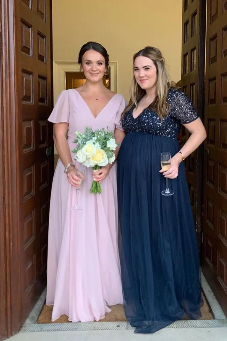 Elegant Chiffon Long Pink Bridesmaid Dress - A-Line V-Neck Formal Gown for Weddings, Parties & Special Occasions | Perfect for Bridal Showers, Evening Events & Photo Shoots