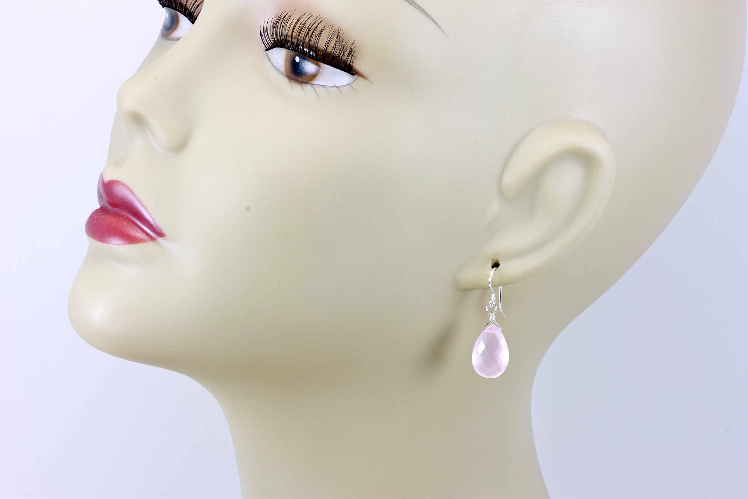 14K Sterling Silver Rose Quartz Earrings - Faceted Pear Teardrop Dangle Briolette for Women | Elegant Jewelry Gift for Valentine's Day, Anniversary & Special Occasions