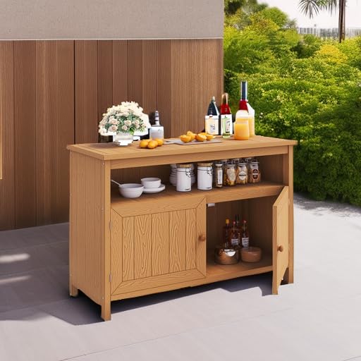 DWVO Poly Lumber Outdoor Sideboard Cabinet - Weather Resistant Patio Bar Table with Storage Shelves for Pool, Garden & Backyard - Brown - Perfect for Outdoor Entertaining and Storage