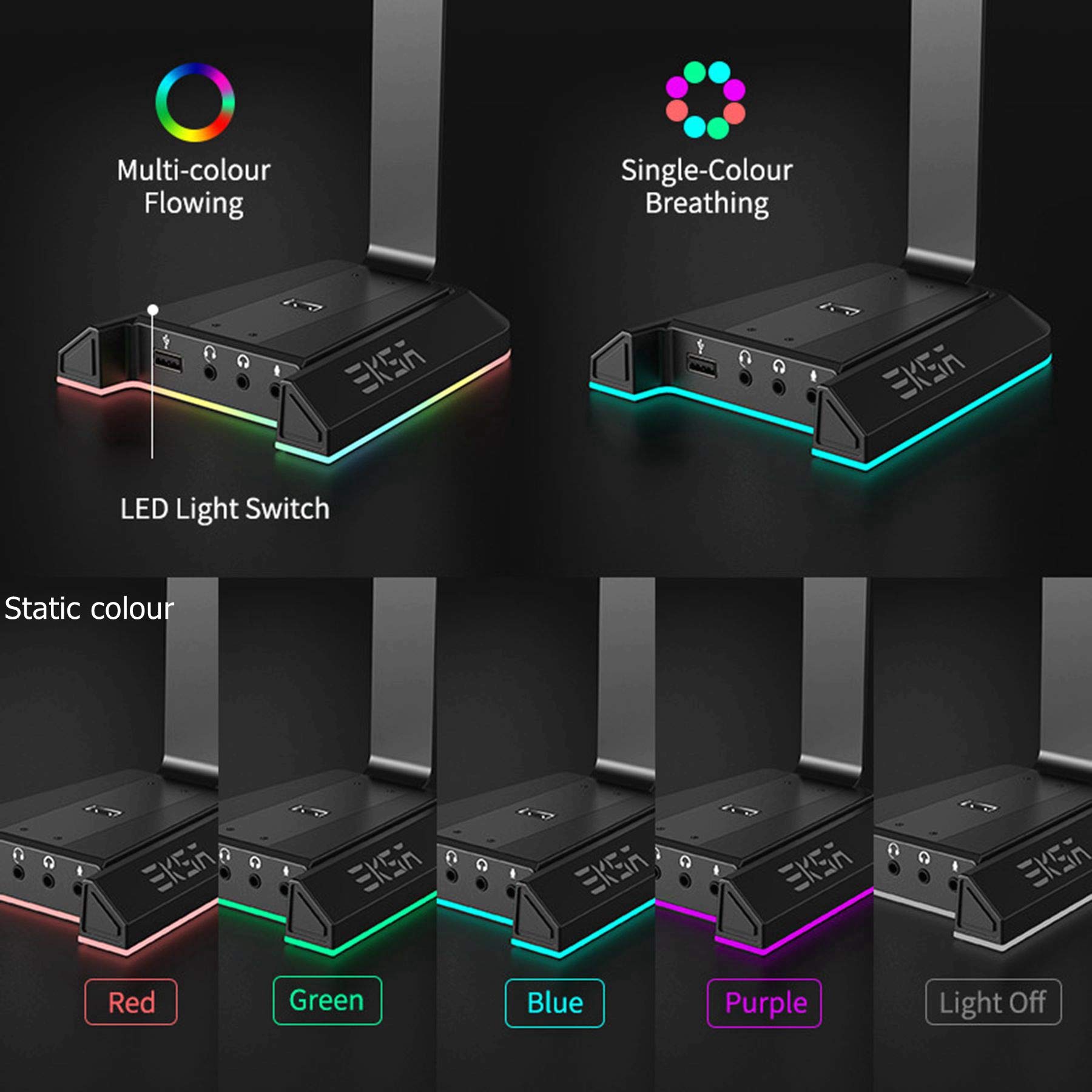 EKSA RGB Gaming Headset Stand with 7.1 Surround Sound - Aluminum Headphone Holder for Desk with 3.5mm Aux & Dual USB Ports - Universal Fit for All Headphones - Perfect for PC Gaming Setup & Home Office Organization