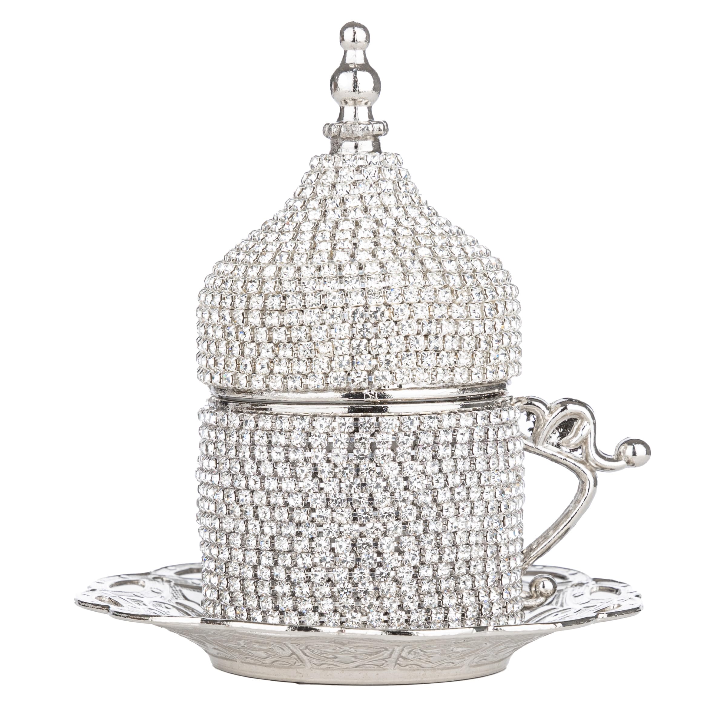 Turkish Coffee Set - 27-Piece Crystal Embellished Zamac Espresso Cups, Saucers & Sugar Bowl with Tray - Silver, Gold & Bronze Color Options - Perfect for Home Entertaining, Gifts & Traditional Coffee Ceremonies