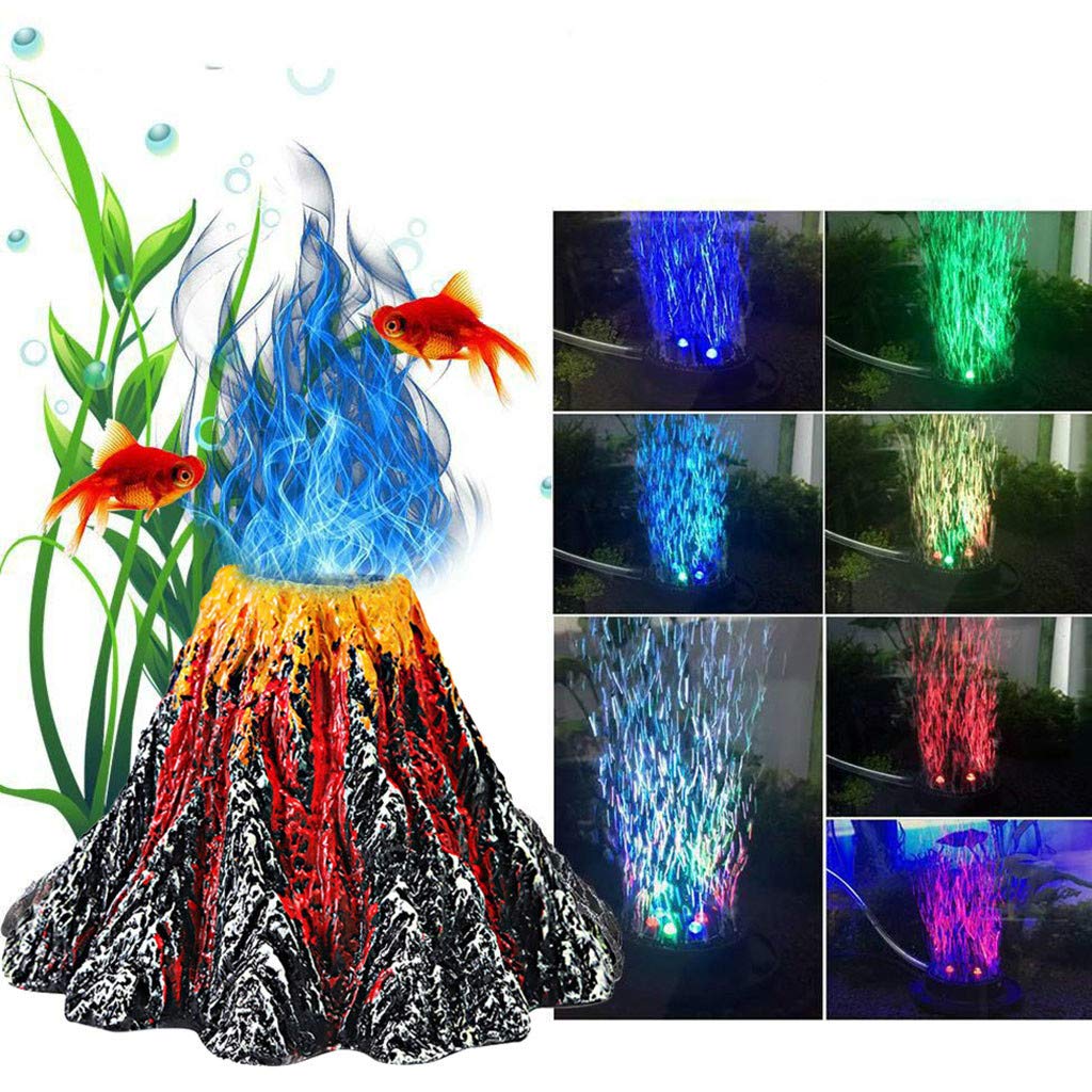 Aquarium Volcano Ornament Kit with LED Light & Air Bubbler - Fish Tank Decorations for Tropical & Freshwater Aquariums - Perfect for Home, Office & Kids' Fish Tanks