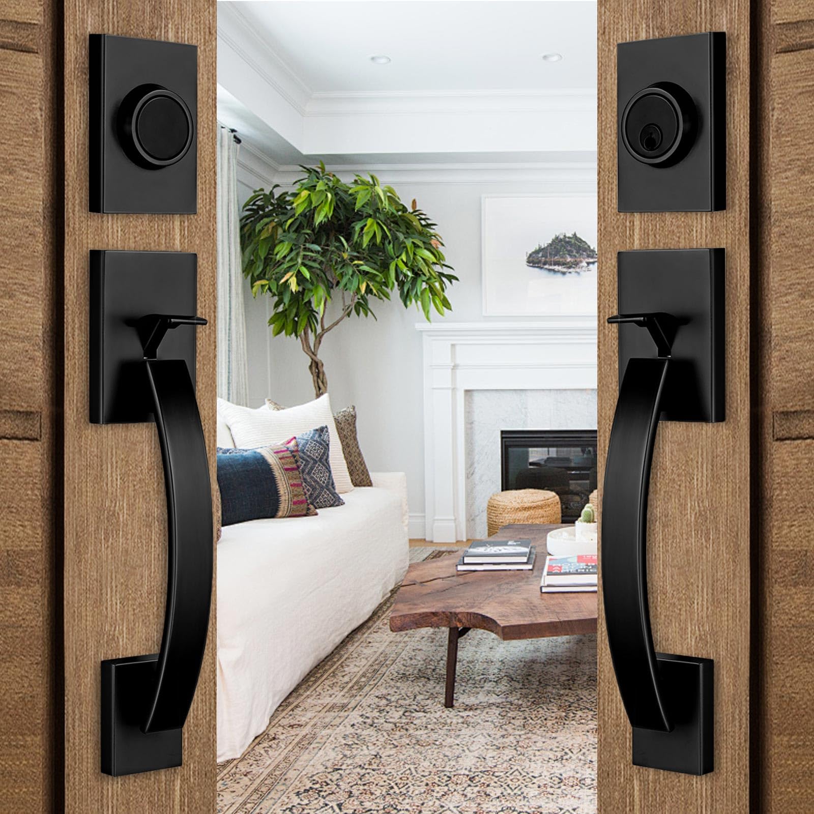 NEWBANG Matte Black Exterior Double Door Lever Handleset - Solid Brass Keyed & Dummy Door Lock Set (MDHST2017DB-SET-BR) for Home Entry, Patio & Security Doors