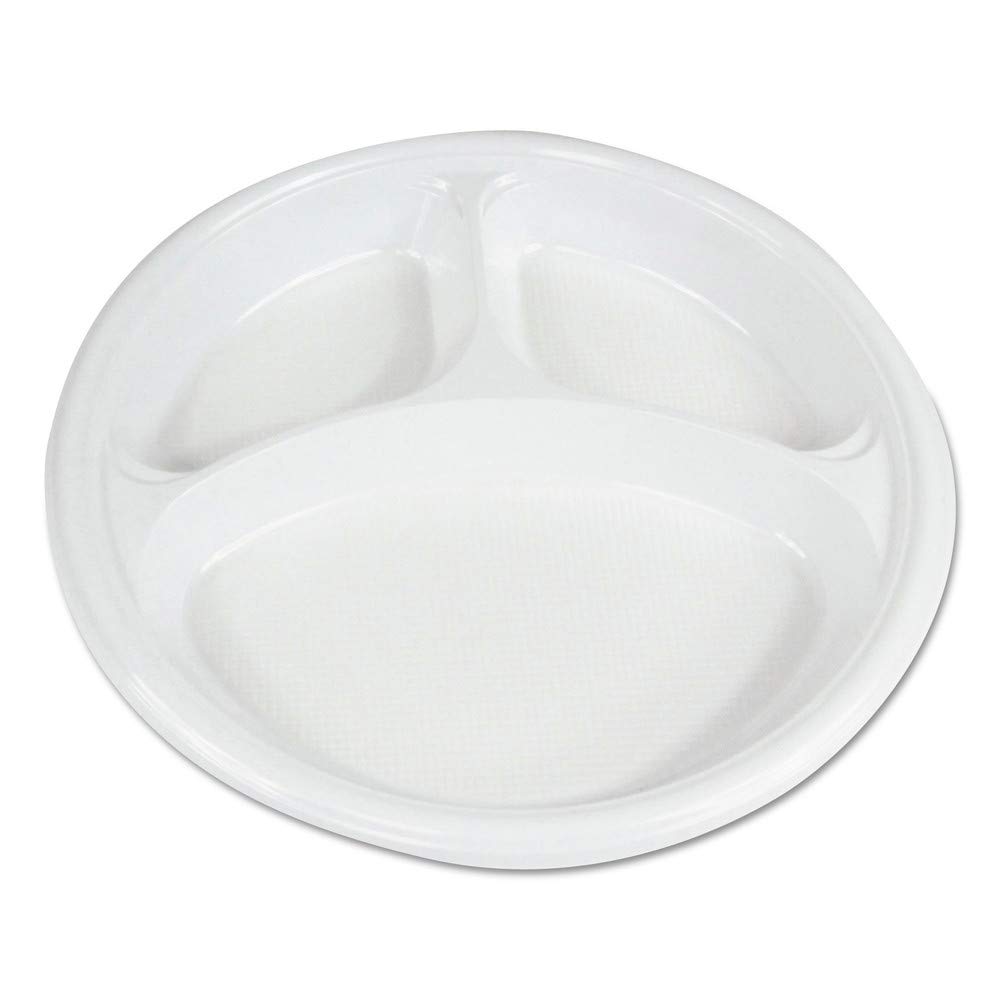 Boardwalk BWKPLTHIPS10WH3 Hi-Impact 3-Compartment 10-Inch White Plastic Dinner Plates - Bulk 500/Carton for Catering, Parties & Events