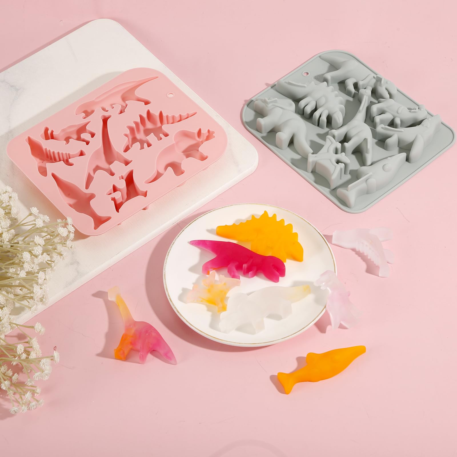 2-Pack Dinosaur Silicone Molds for Baking - 8-Cavity 3D T-Rex & Stegosaurus Cake, Chocolate, Candy, Gummy, Jello, Soap, Wax Crayon DIY Molds - Perfect for Kids Birthday Parties, Halloween Treats & Craft Projects