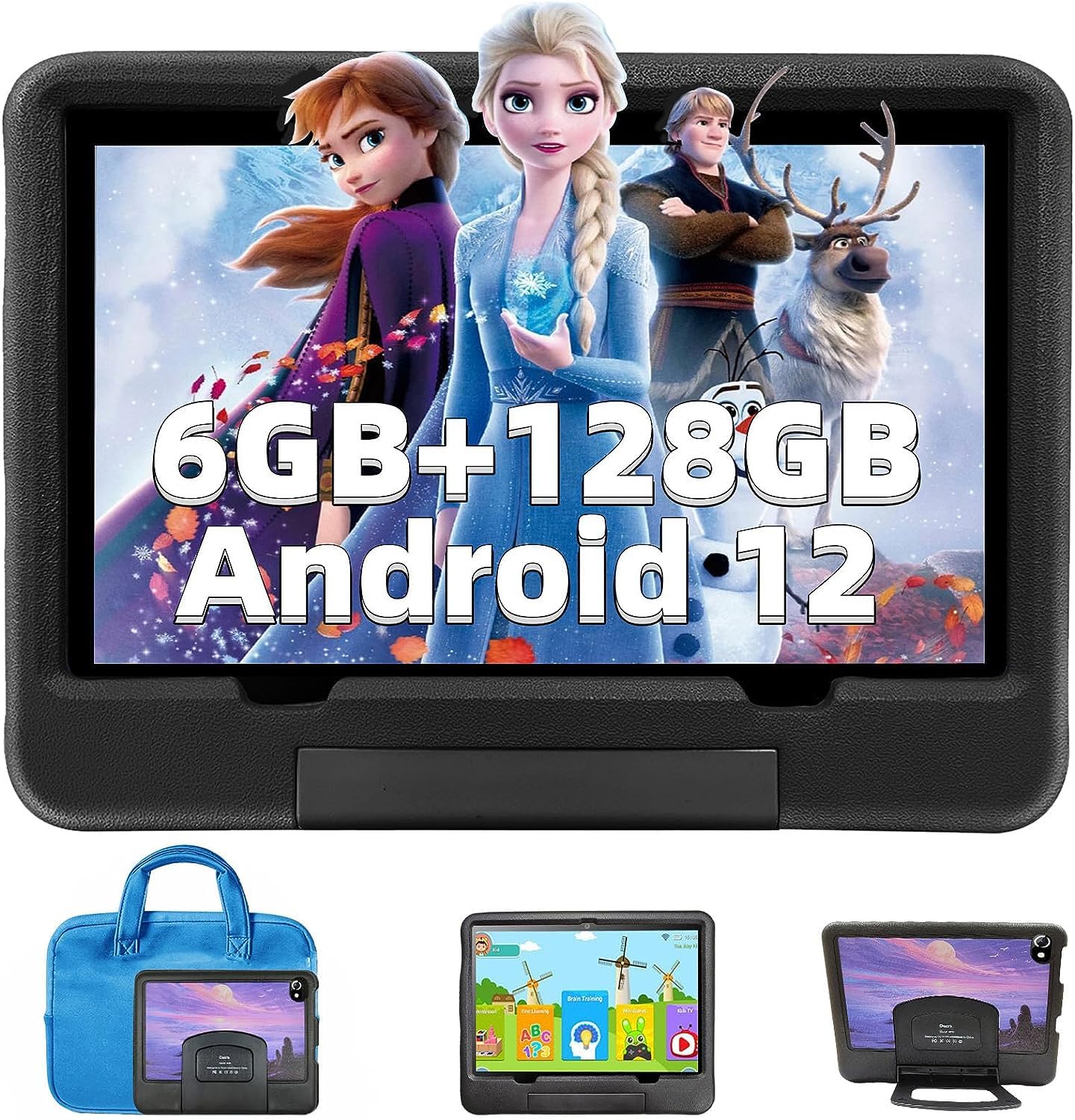 OUZRS 10 Inch Kids Tablet - Android 12, 128GB ROM (1TB Expandable), 6GB RAM, 6850mAh Battery, 5G & Dual WiFi - GSM Certified with Protective Case - Perfect for Child Learning, Education & Entertainment (Black) - Ideal for Homeschooling, Online Classes & Family Travel