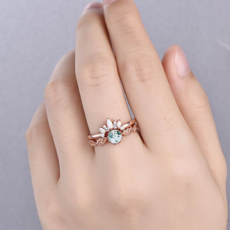 Natural Moss Agate Opal Diamond Engagement Ring Set - Vintage Art Deco Style Wedding Band for Bride - Perfect for Proposals, Anniversaries & Special Occasions