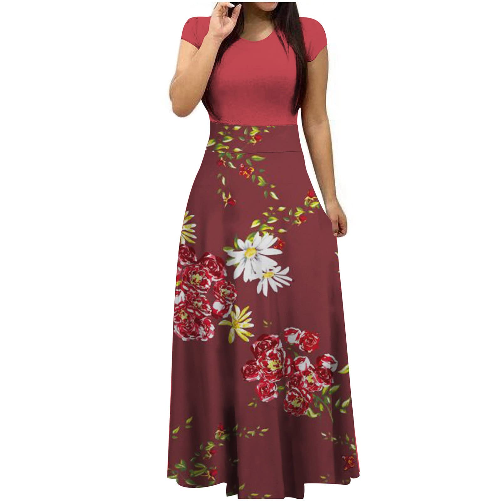 Floral Maxi Dresses for Women - Short Sleeve Summer Dress with Round Neck, Casual Floral Print Sundress for Beach, Vacation & Outdoor Activities