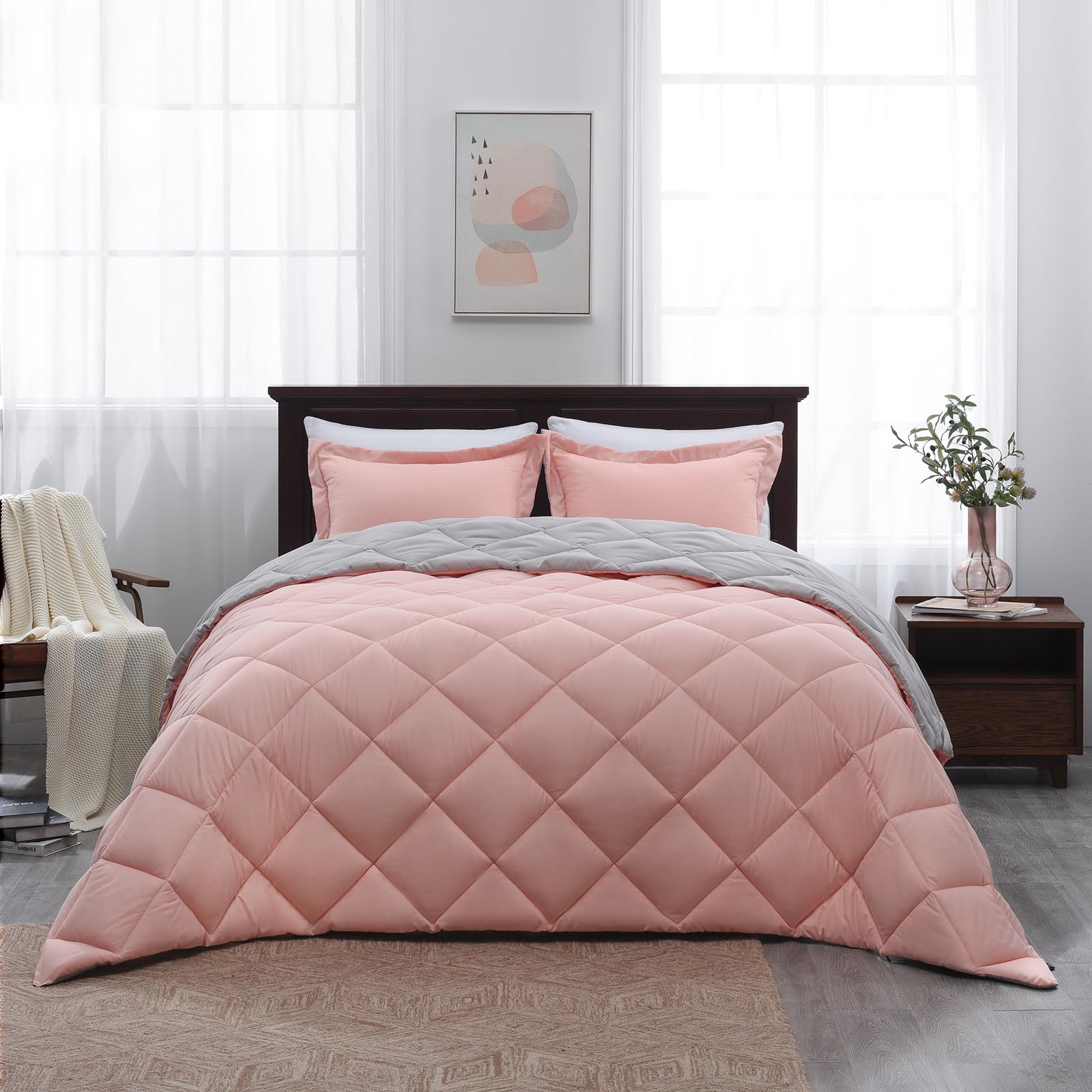 Basic Beyond King Size Comforter Set - Reversible Pink & Grey All-Season Bedding (104x92 inches) with 2 Pillow Shams (20x36+2 inches) | Ultra Soft King Comforter for Master Bedroom, Guest Room & Cozy Home Decor