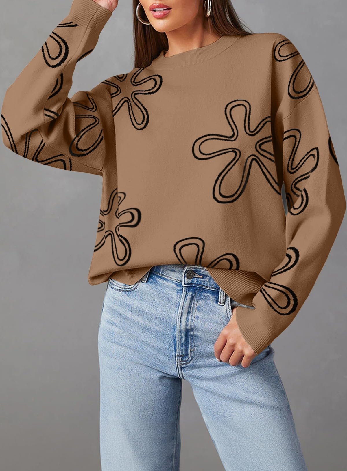 Women's Casual Floral Print Cable Knit Pullover Sweater - Long Sleeve Crewneck Top for Fall & Winter | Perfect for Office, Date Night & Cozy Weekends