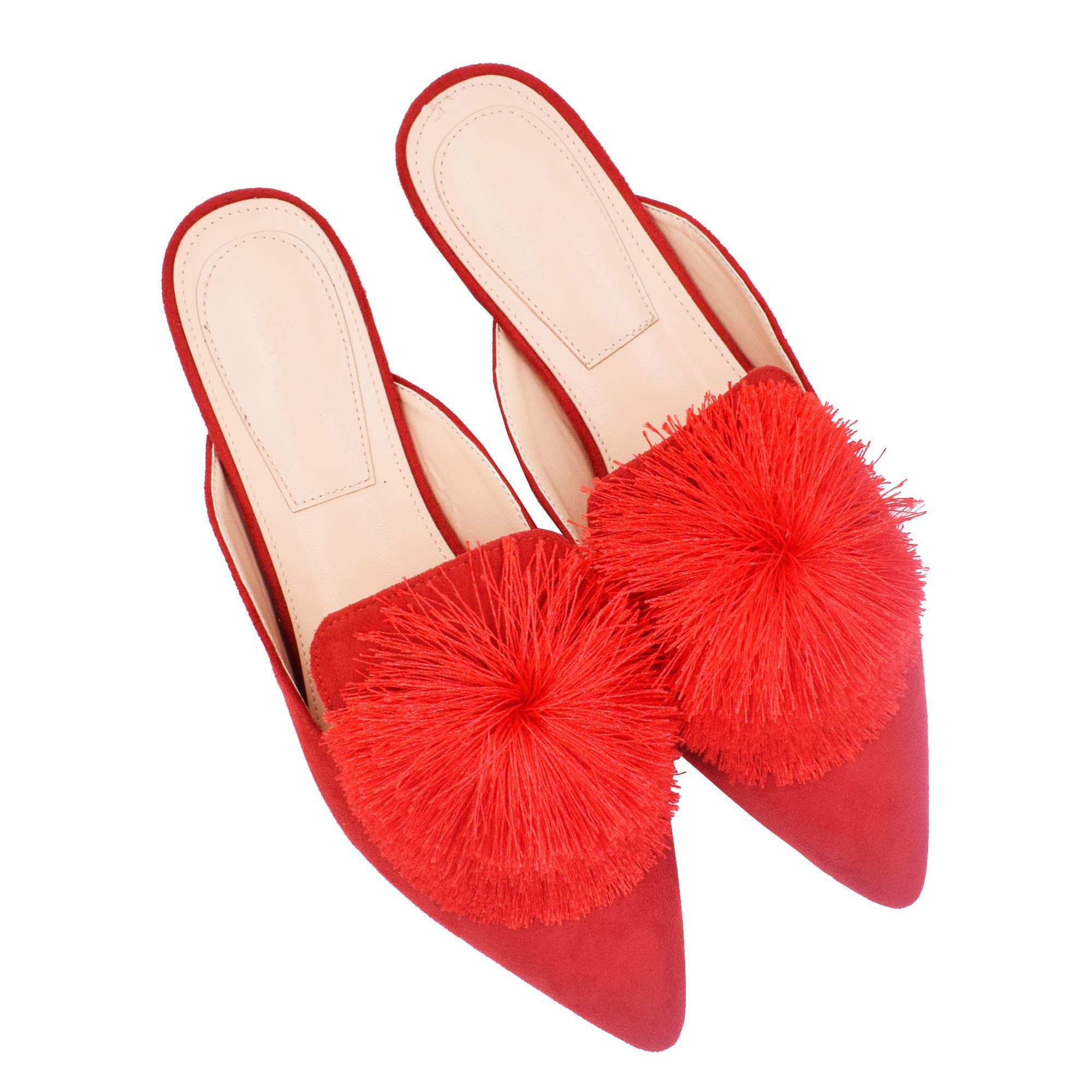 Fericzot Women's Slip-On Mule Loafers - Backless Pointed Toe Flats with Puff Pompom | Comfortable Casual Shoes & House Slippers for Work, Travel & Home Wear