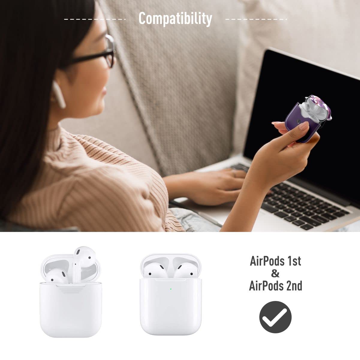 GuarzFun Leather AirPods Case with Clip - Wireless Charging Compatible for Women & Girls (Purple Flower) - Perfect for Work & Travel