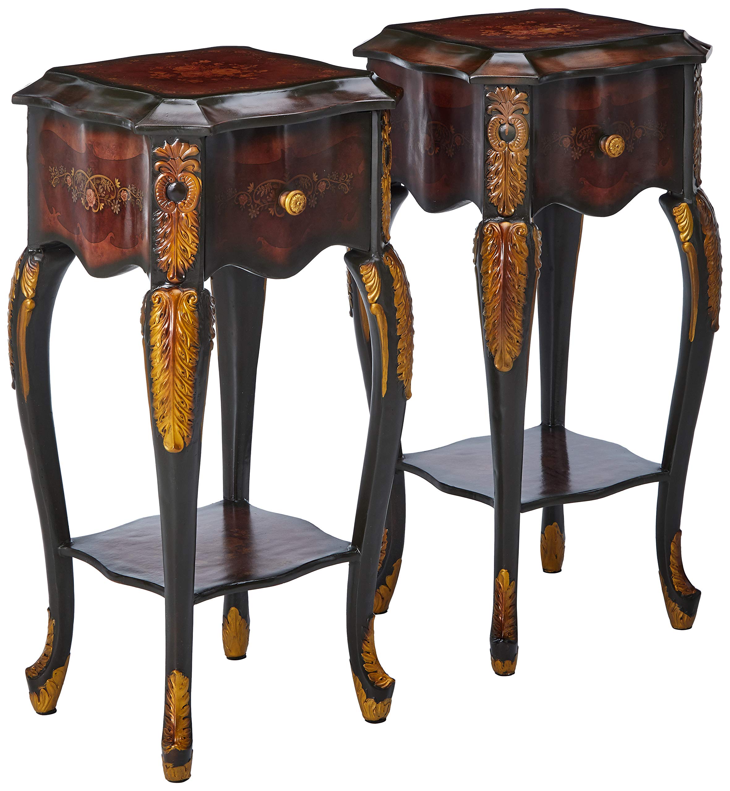 Design Toscano Floral Bouquet Chiffonier Side Table Set of 2 - Elegant Wood Tone Accent Tables for Living Room, Bedroom & Entryway Decor