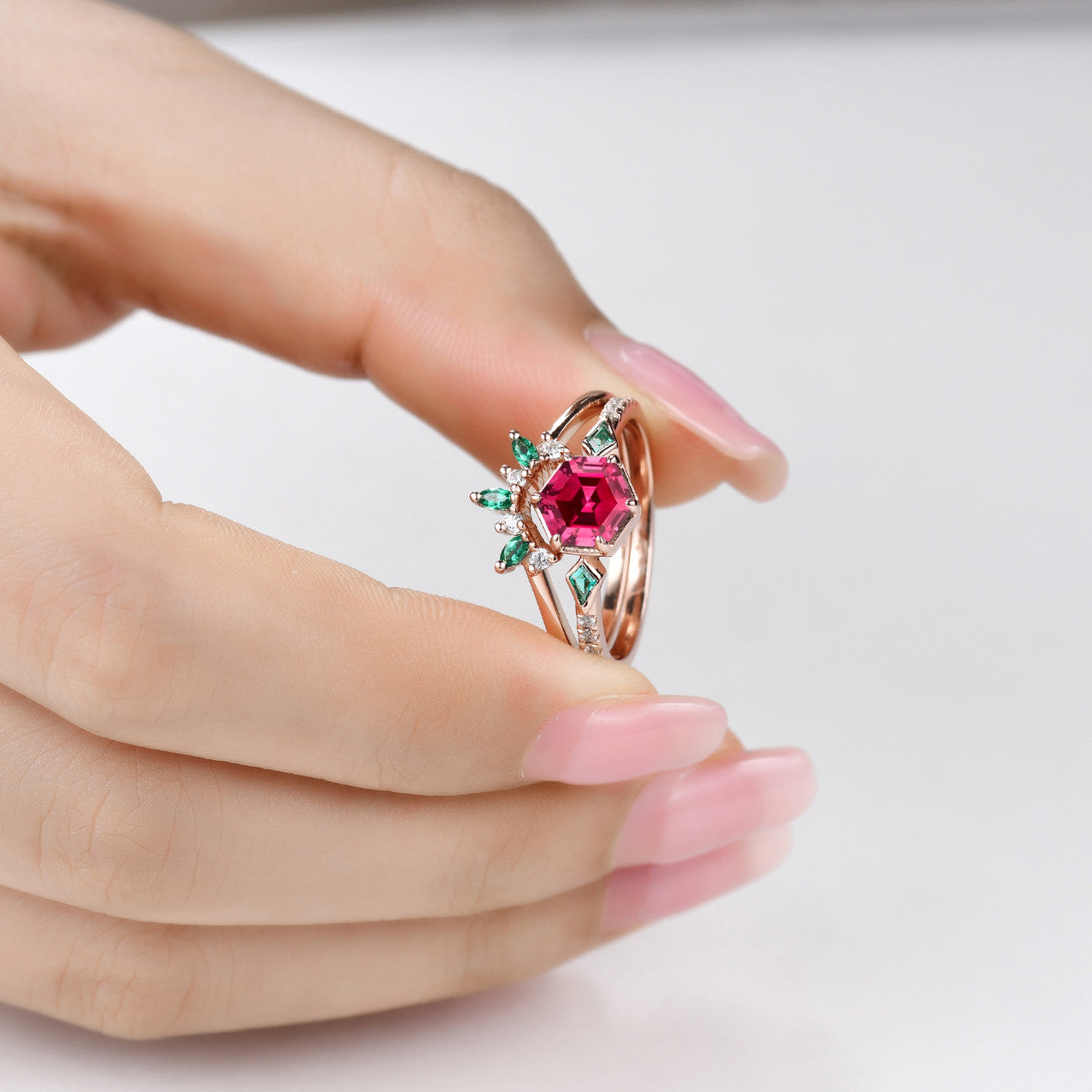 3 Stones Hexagon Lab Ruby with Kite Cut Emerald Sidestones Wedding Ring Set in Bezel & Prong Rose Gold Setting - Perfect for Engagement, Anniversary, and Bridal Jewelry Gifts