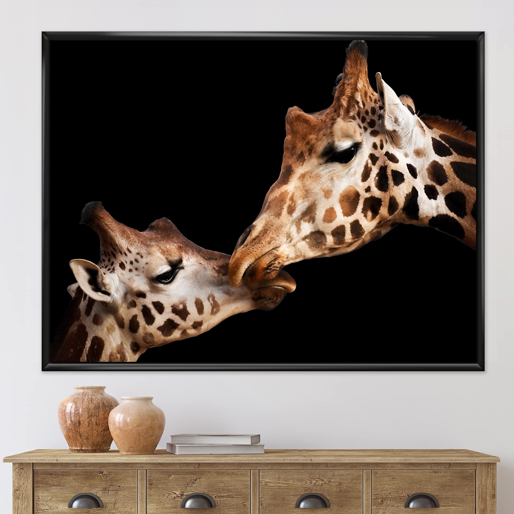 DesignQ Two Giraffes Kissing Portrait II - Farmhouse Framed Canvas Wall Art Print for Living Room, Bedroom & Nursery Decor
