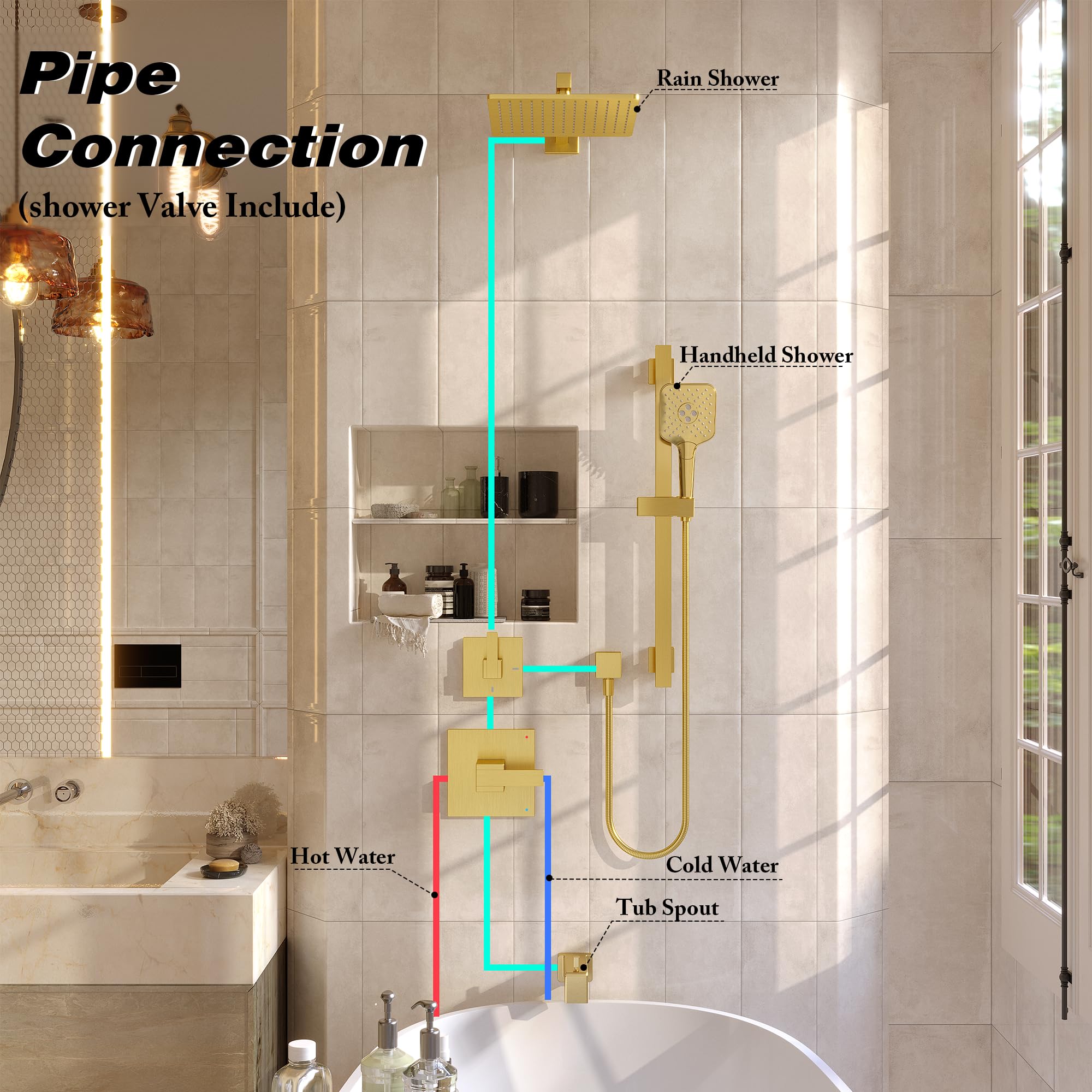 Gabrylly 10-Inch Rain Shower Head with Handheld Spray Combo, Brushed Gold Bathtub Shower Faucet Set with Slide Bar & Valve - Perfect for Modern Bathroom Renovations & Spa-Like Shower Experience
