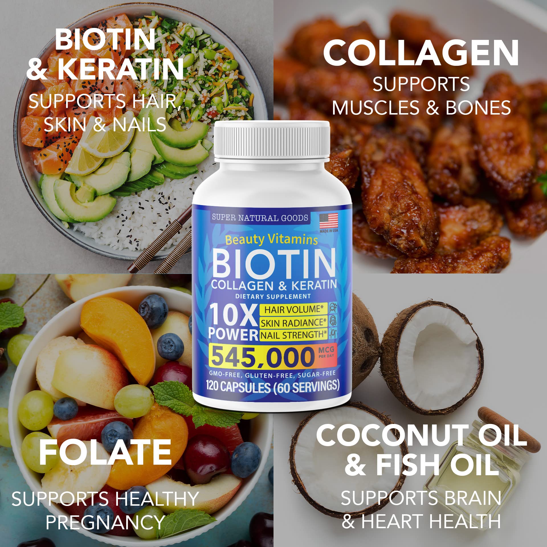 Biotin Collagen Keratin Vitamins with Folate - Hair Growth Supplement for Women & Men - Supports Healthy Hair, Skin & Nails - Postpartum & Hair Loss Treatment - GMO Free Gluten Free 120 Capsules - Perfect for Daily Wellness & Post-Pregnancy Recovery