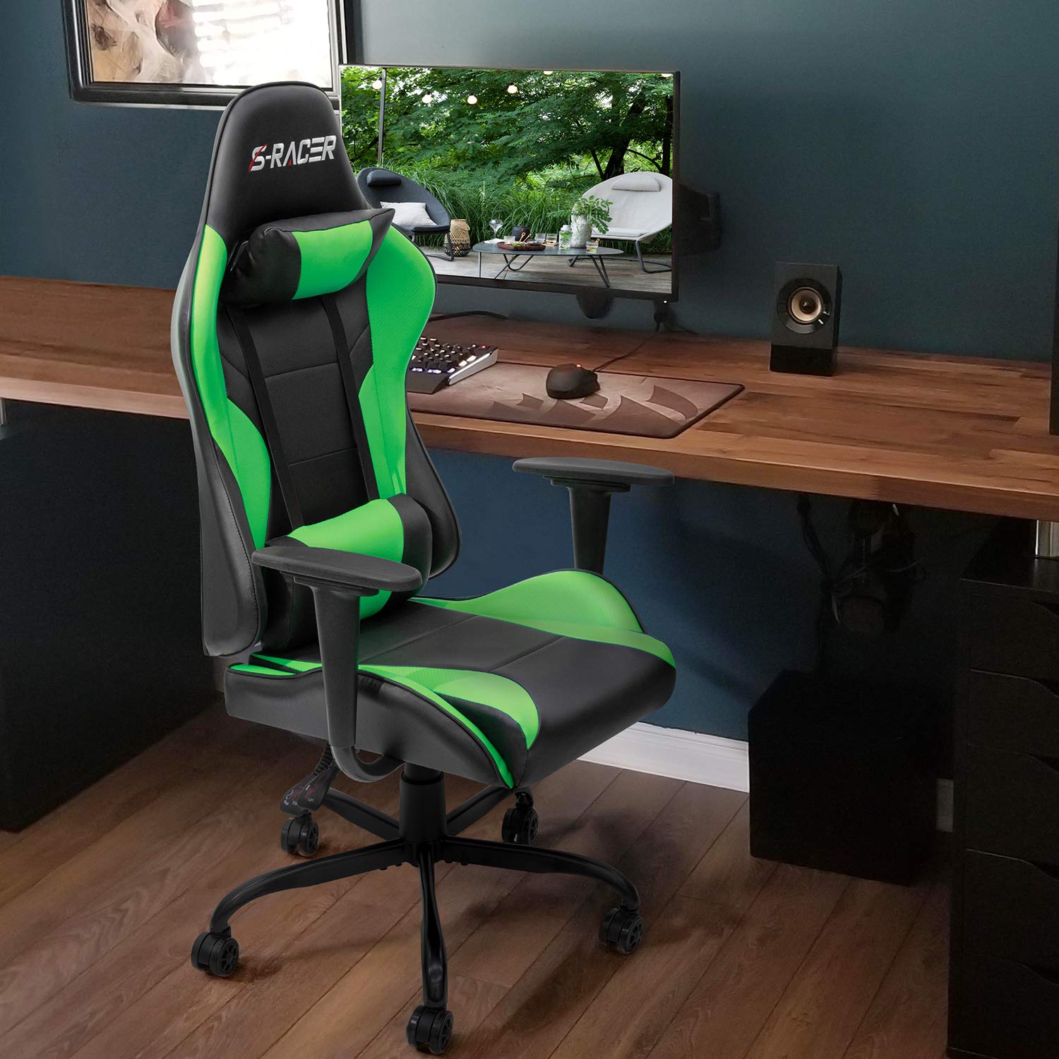 Homall Gaming Office Chair - High Back Ergonomic Computer Desk Chair with Adjustable Height, PU Leather & Headrest - Perfect for Gaming, Work & Home Office (Green)