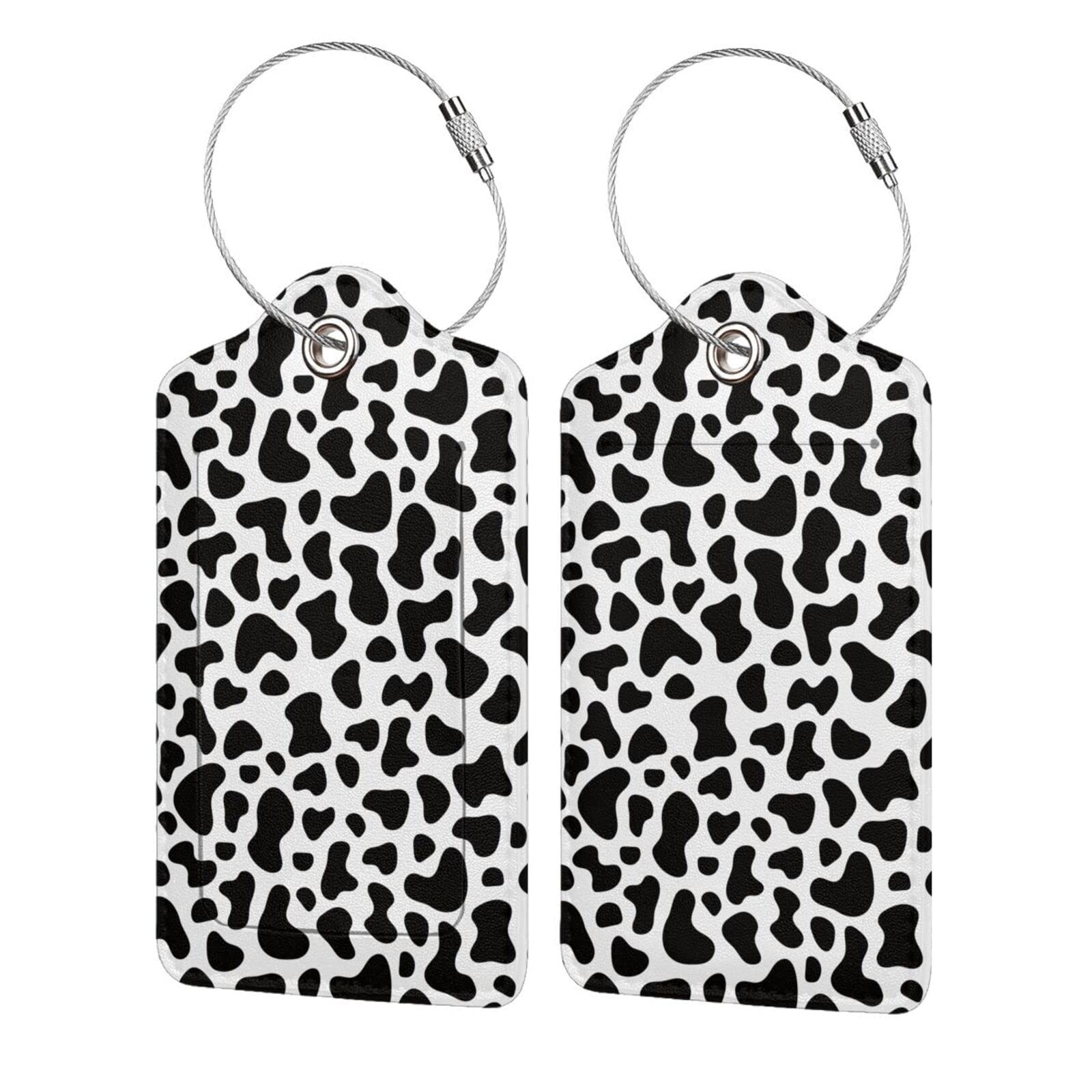 2 Pcs Black and White Cow Print Luggage Tags - PU Leather Baggage Tags with Name ID Cards for Backpack, Suitcase & Travel Bags | Durable Travel Accessories for Airports, Hotels & Vacation Trips