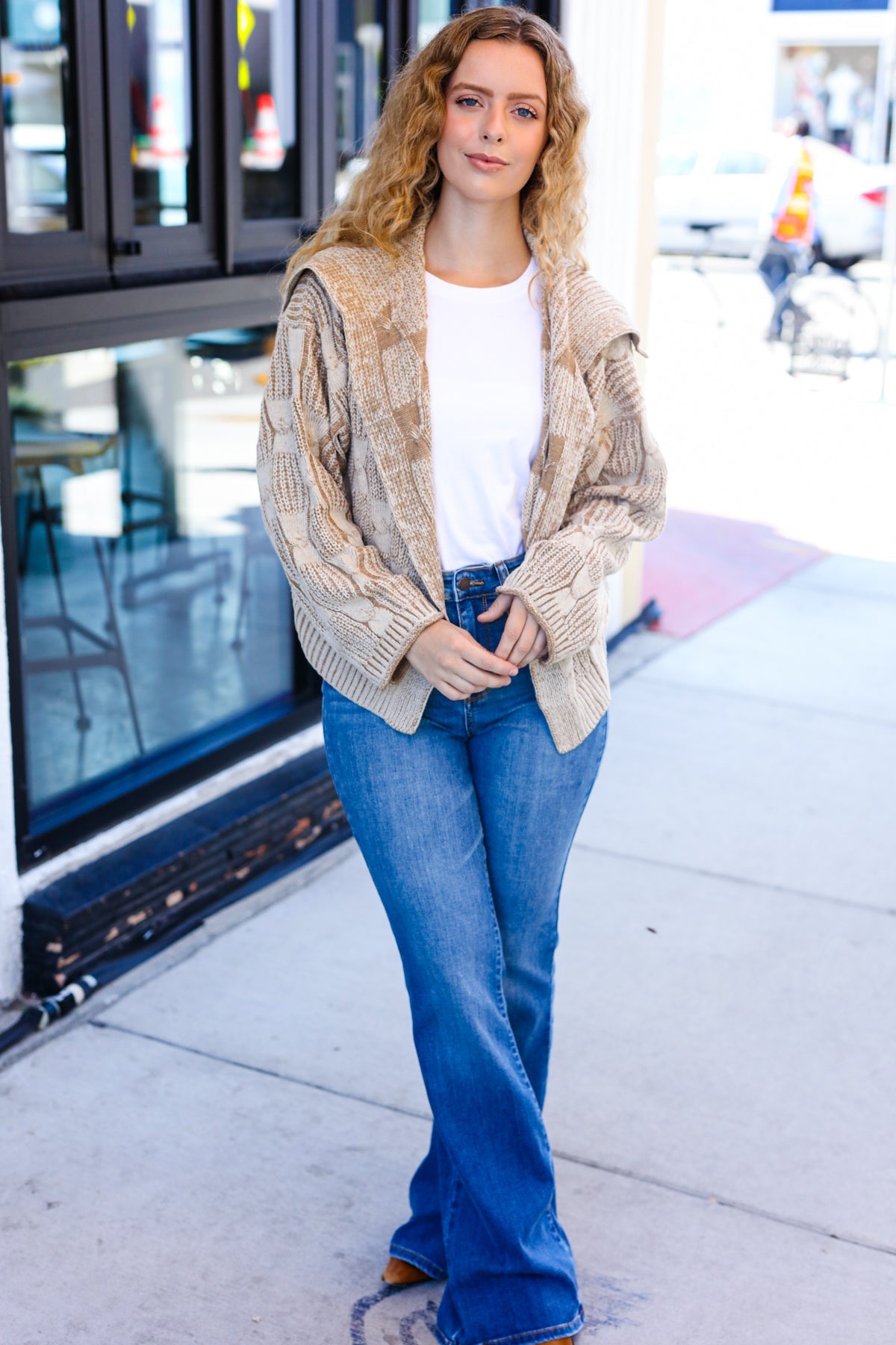 Cozy Taupe Textured Cable Knit Collared Cardigan for Women | Autumn Fall Sweater | Perfect for Layering, Office Wear & Casual Outfits