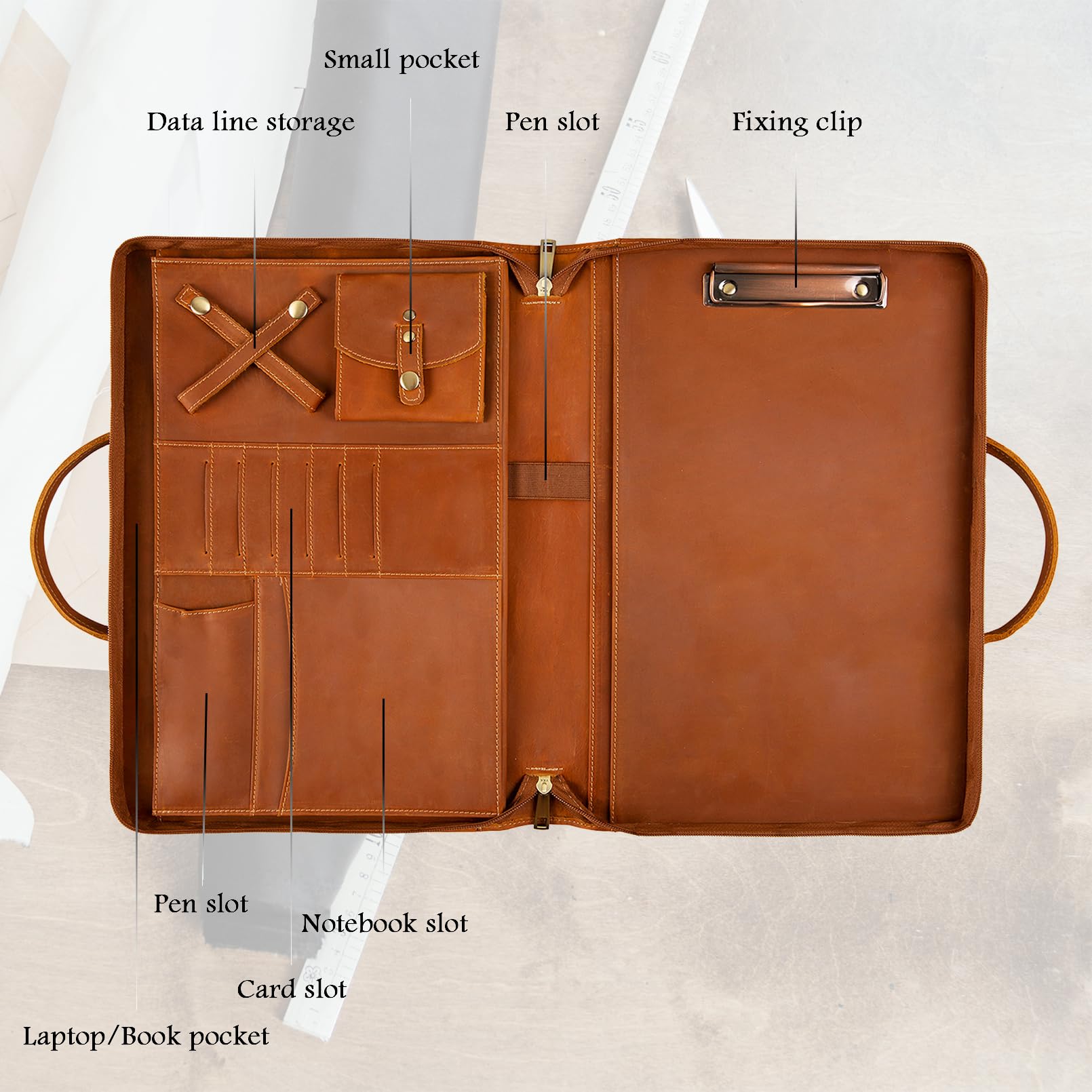 Premium Genuine Leather Portfolio Organizer with Handle & Zipper - Personalized Padfolio for Men & Women - Fits 15-inch Laptop & Legal Pad (Brown) - Ideal for Business Meetings, Office Work & Professional Presentations