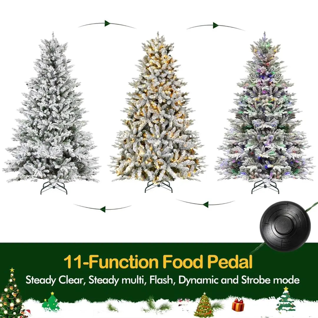 6.5'/7.5' Premium Pre-Lit Snow Flocked Artificial Christmas Tree with 11 Modes LED Lights, 800+ Branch Tips, Sturdy Metal Stand & Hinged Branches - Perfect for Living Room, Office, and Holiday Decorations