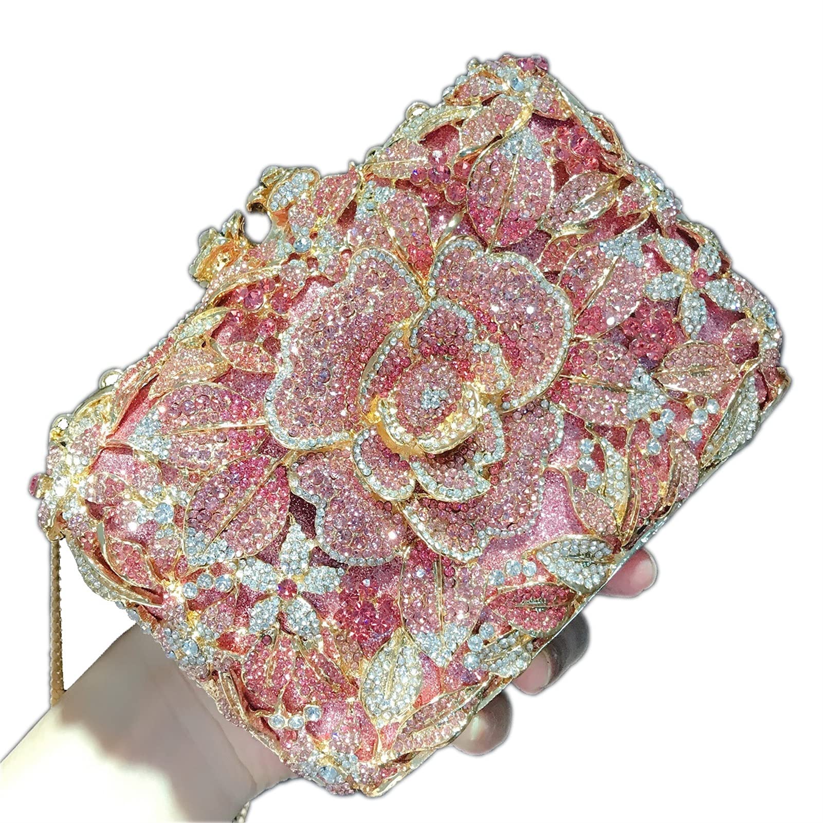 Elegant Pink Rhinestone Flower Crystal Clutch Bag for Women - Small Evening Wedding Purse | Perfect for Parties, Prom, Bridal Events & Special Occasions