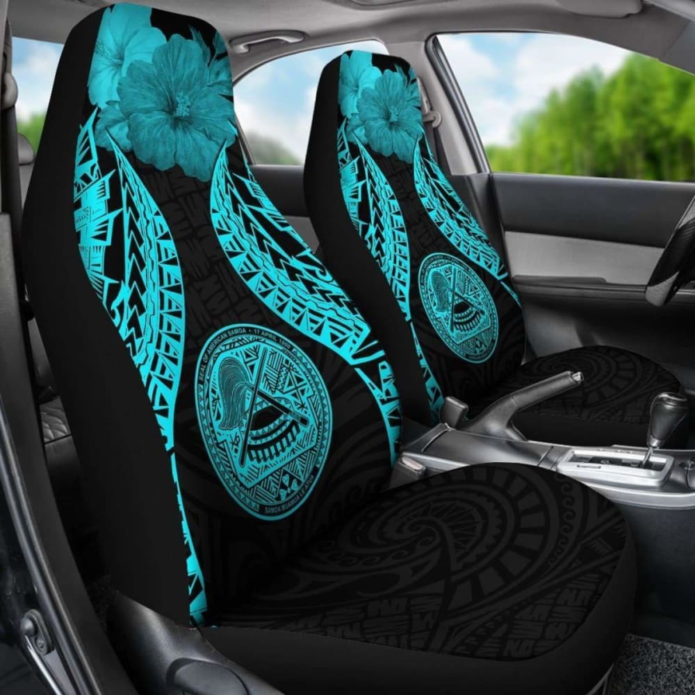 Premium American Samoa Polynesian Car Seat Covers - Pride Seal & Hibiscus Design in Vibrant Neon Blue | Durable Protection for Cars, Trucks & SUVs