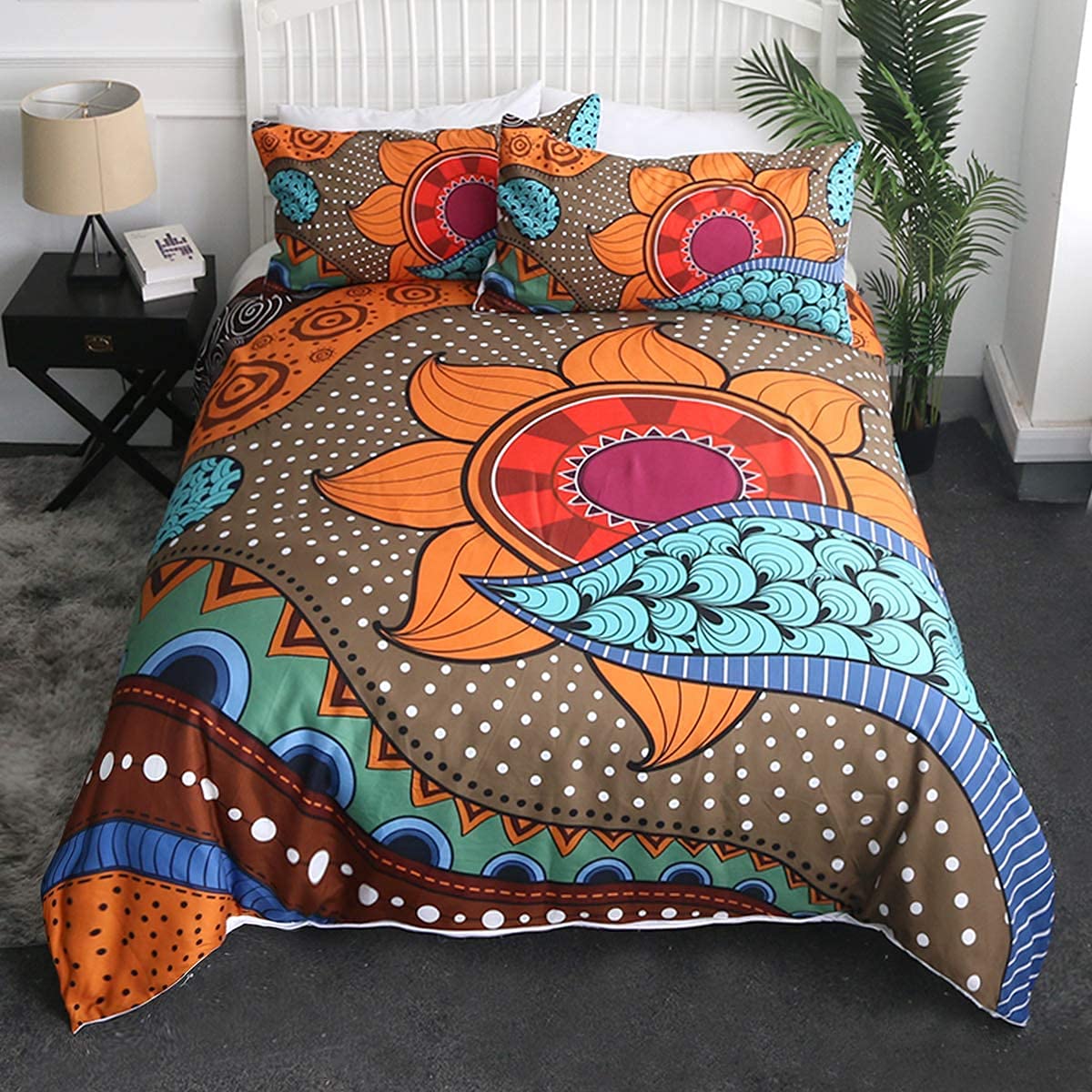 Sleepwish Ethnic Floral Duvet Cover Set - Orange & Blue African Print Bedding 3-Piece King Size - Soft Breathable Cotton for Master Bedroom, Guest Room & Bohemian Decor