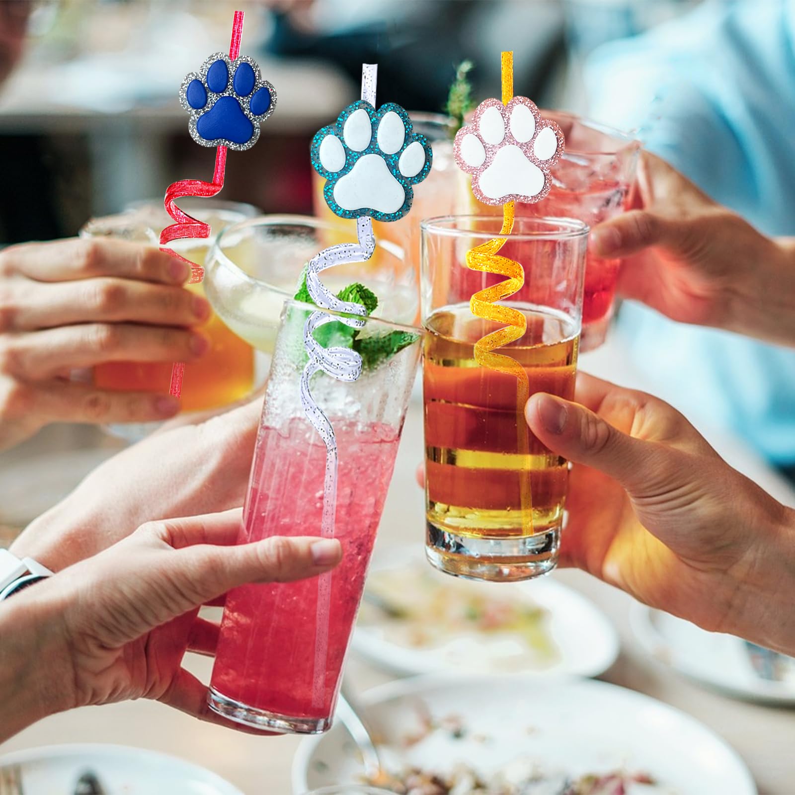 24 Pack Glitter Paw Print Drinking Straws + 2 Cleaning Brushes - Reusable Pet-Themed Straws for Dog Puppy Cat Birthday Parties, Baby Showers & Special Events - Fun Party Decorations & Drinkware Supplies