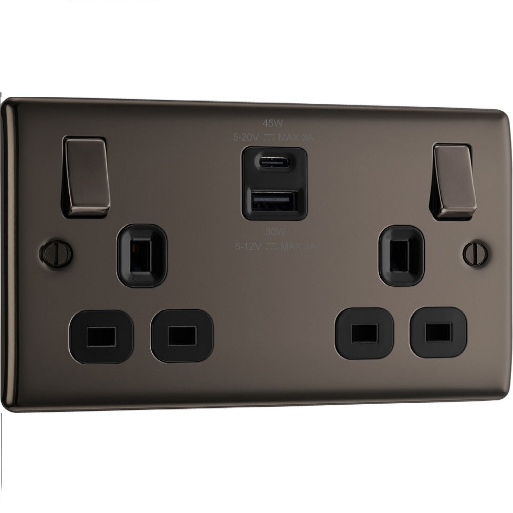 BG Nexus Metal Black Nickel 13A Double USB Socket with 45W A+C Ports NBN22UAC45B - Fast Charging Wall Outlet for Home, Office & Travel Use