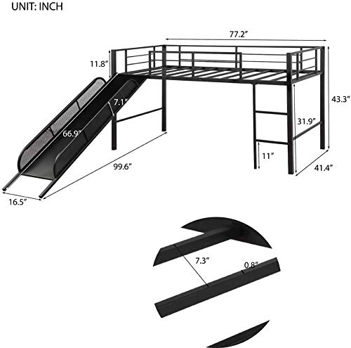 **Metal Twin Low Loft Bed with Slide & Guardrails for Kids - Safe Toddler Bed for Boys & Girls, No Box Spring Needed, Space-Saving Multifunctional Design (Black) - Perfect for Small Bedrooms, Playrooms & Dorm Decor**