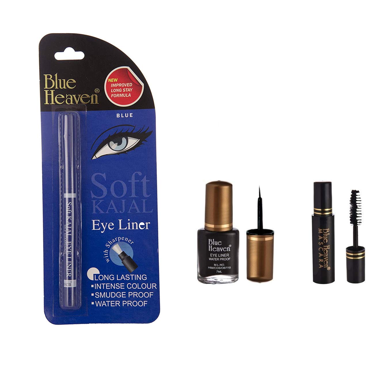 Blue Heaven 2X Intense Blue Kajal, Black Eyeliner & Mascara 3-Piece Makeup Set - Waterproof Smudge-Proof Eye Makeup Kit for Dramatic Looks & Everyday Wear
