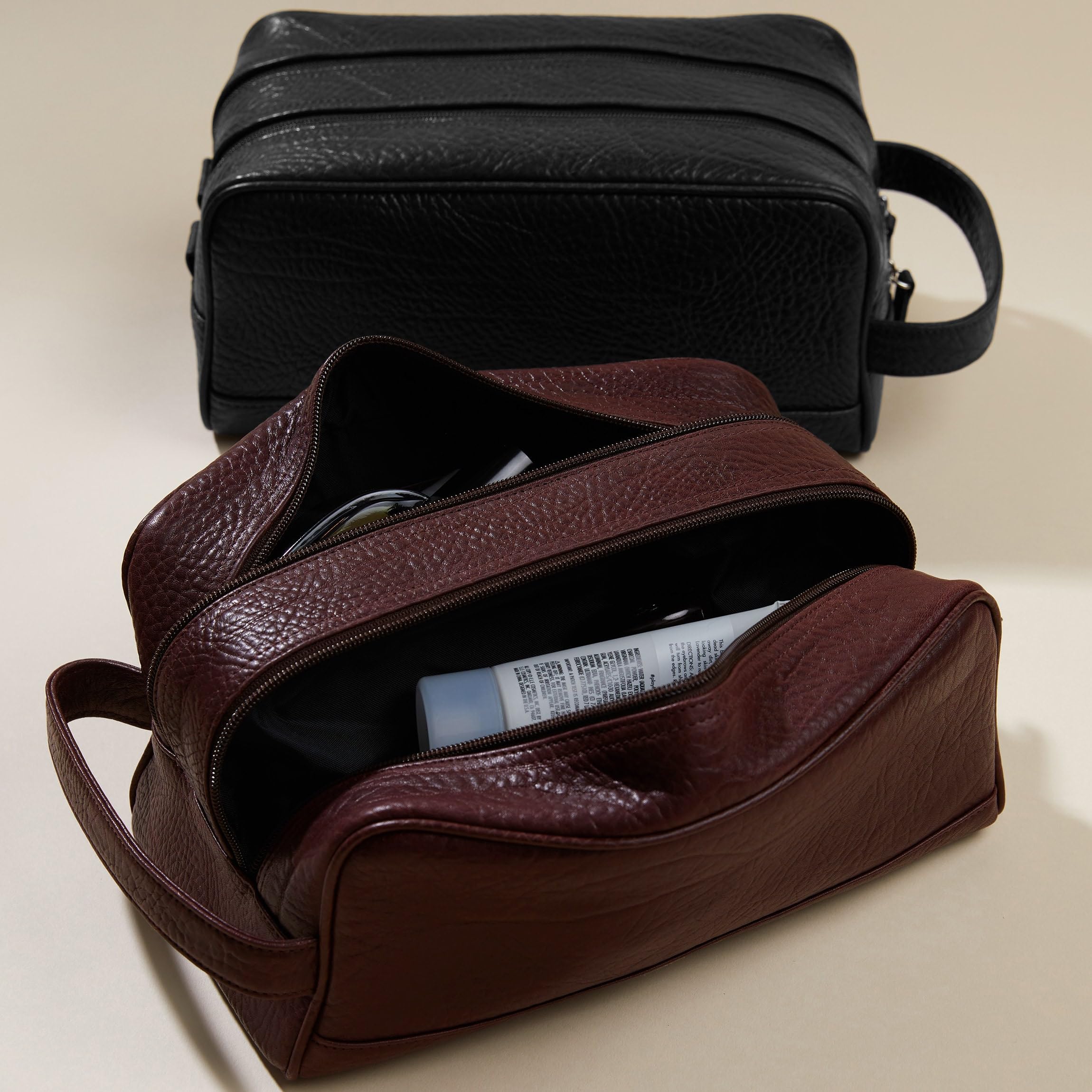 Premium Leather Small Double Zip Toiletry Bag for Travel & Gym - Compact Cosmetic Organizer for Men & Women - Perfect for Toiletries, Makeup, Jewelry & Essentials