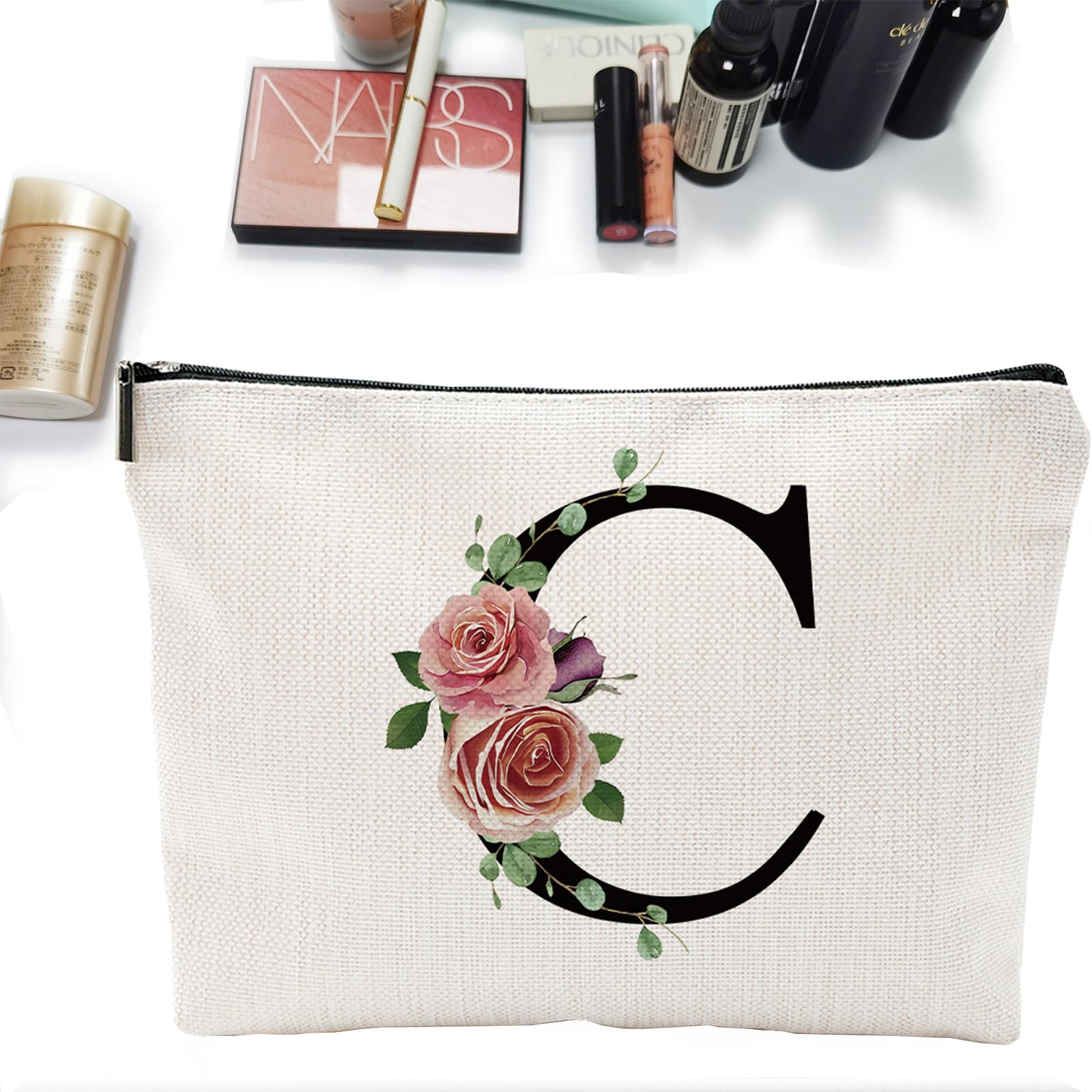 Personalized Monogrammed Makeup Bag - Custom A-Z Letter Cosmetic Pouch for Bridesmaid Gifts, Travel & Storage | Perfect for Weddings, Bachelorette Parties & Girlfriend Presents