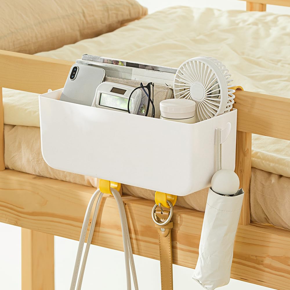Poeland Hanging Storage Basket with Hooks - Bedside Organizer Shelf & Bunk Bed Storage Caddy for Phone, Remote, Glasses, Water Bottle - Perfect for Dorm, Bedroom, RV, Camper, Loft Bed & Small Space Organization