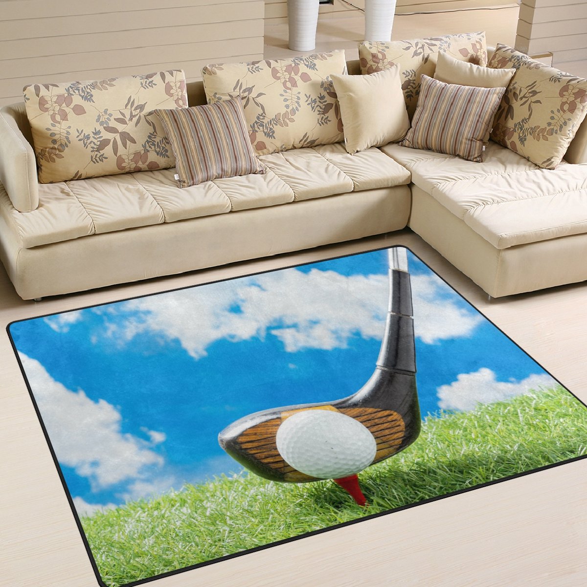 ALAZA Golf Ball on Red Tee with Driver - Premium Green Area Rug 5'3
