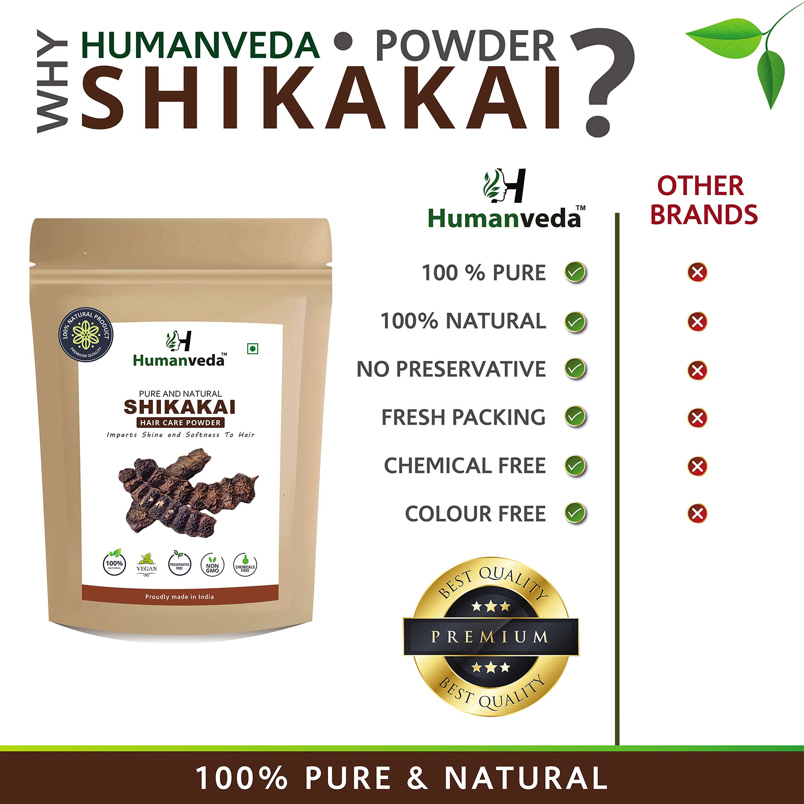 Humanveda Natural & Pure Shikakai Powder (Acacia Concinna) 100g - Ayurvedic Hair Conditioner & Cleanser for Stronger, Healthier Hair | Perfect for DIY Hair Masks & Natural Hair Care Routines