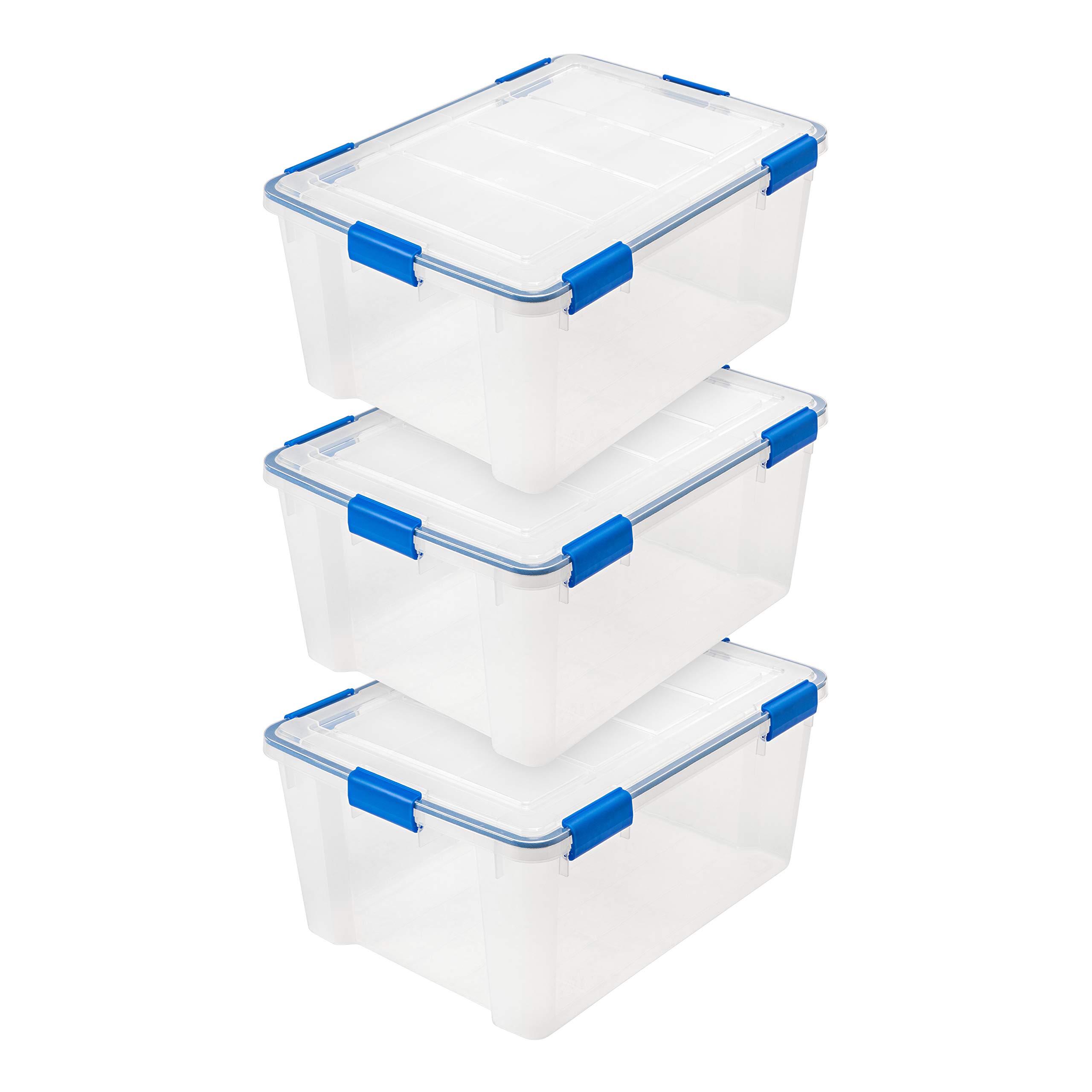 IRIS USA WeatherPro 60 Qt Storage Bins with Lids, 3-Pack BPA-Free Plastic Gasket Box - Airtight Seal, Stackable & Nestable Tote Tubs in Clear/Blue - Perfect for Home Organization, Garage Storage & Seasonal Clothes