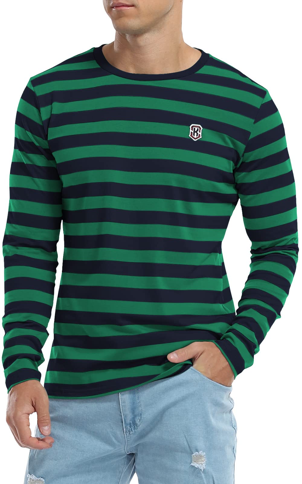KESIHAN Men's Casual Striped Long Sleeve Crewneck T-Shirt - Comfortable Basic Work Tee for Everyday Wear | Office, Weekend Outfits & Casual Style
