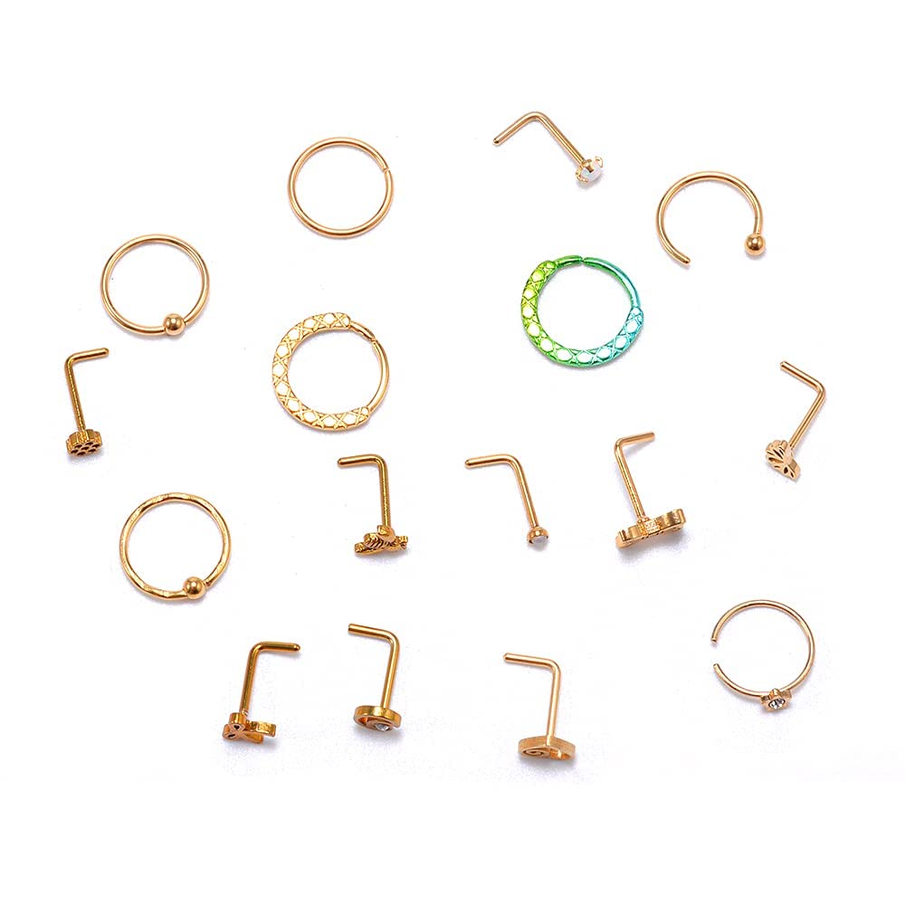 16 PCS 316L Stainless Steel Nose Rings & Studs for Women and Men - Hypoallergenic Body Piercing Jewelry Set with Screw Backings - Perfect for Everyday Wear, Parties and Self-Expression